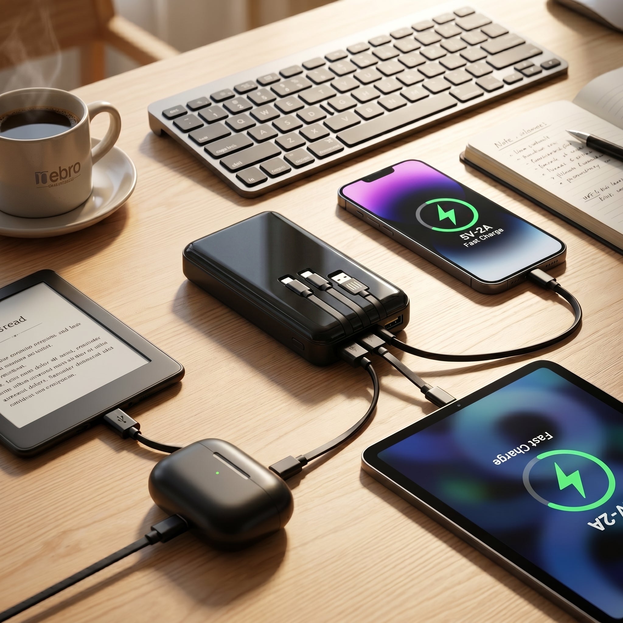 Power Bank Nebro WB-014 10000mAh Batería Portátil con 4 Cables Integrados V8 Tipo-C Lightning y USB Carga Rápida 5V-2A Diseño Compacto y Ligero