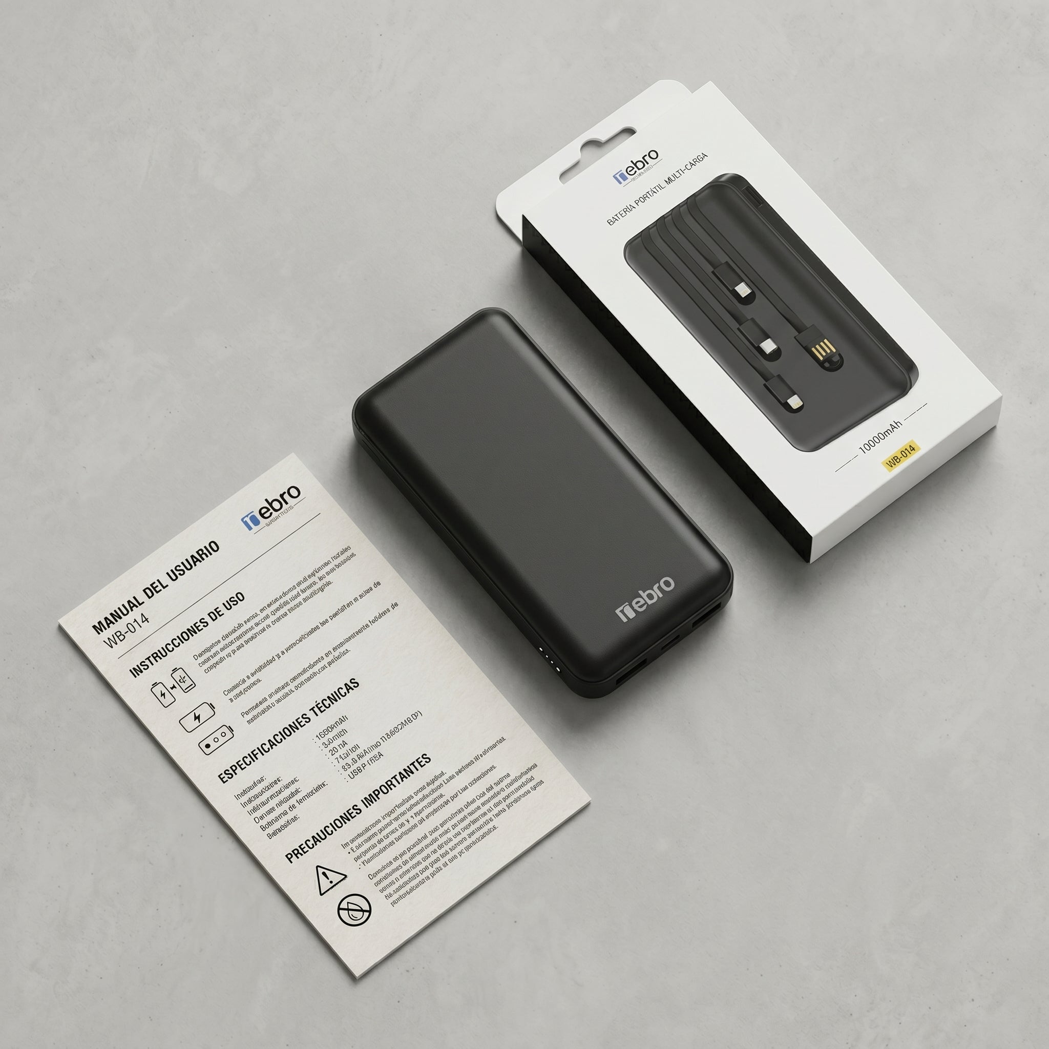 Power Bank Nebro WB-014 10000mAh Batería Portátil con 4 Cables Integrados V8 Tipo-C Lightning y USB Carga Rápida 5V-2A Diseño Compacto y Ligero