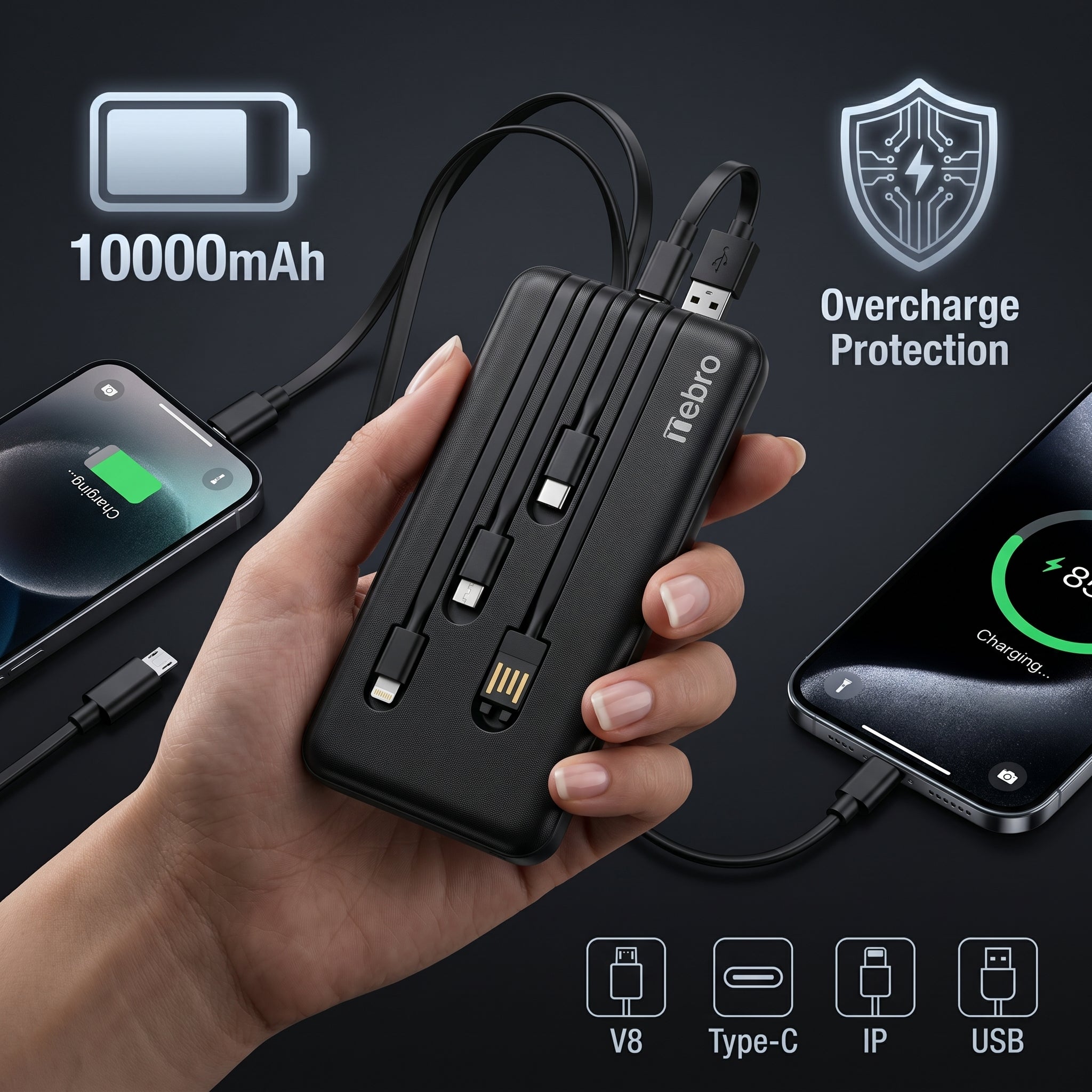 Power Bank Nebro WB-014 10000mAh Batería Portátil con 4 Cables Integrados V8 Tipo-C Lightning y USB Carga Rápida 5V-2A Diseño Compacto y Ligero