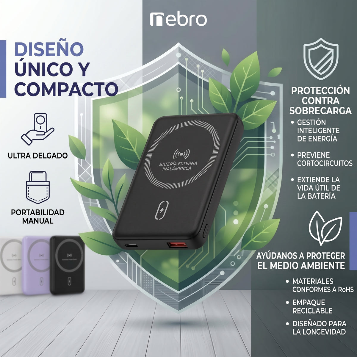 Power Bank Bateria Portátil NEBRO WB-018 5000mAh Carga Rápida PD 22.5W