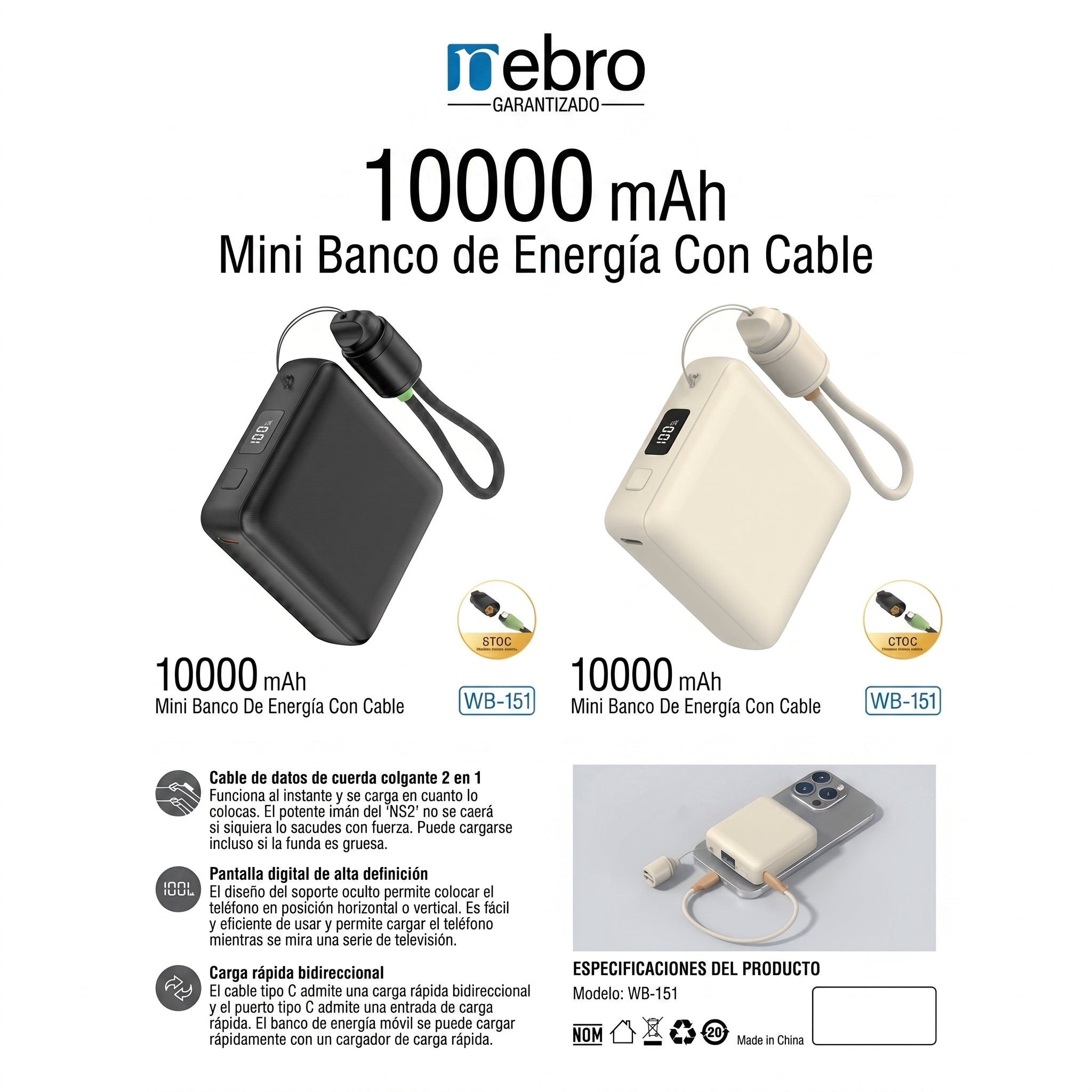Power Bank Nebro WB-151 1000mAh 37Wh Puertos: Salida iP / USB-C