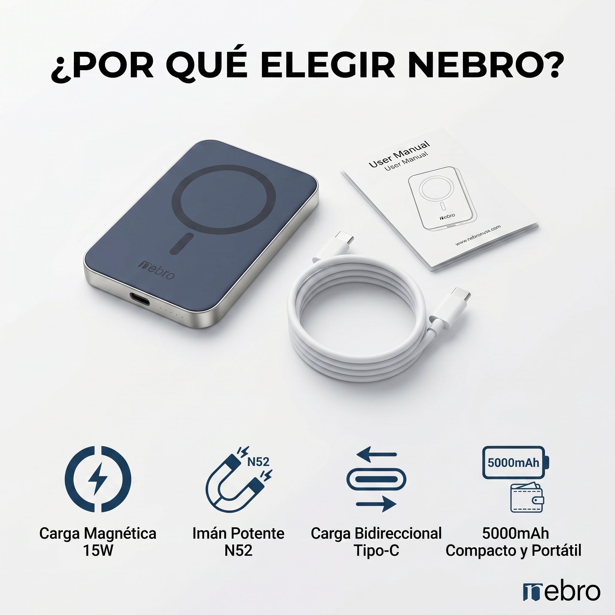 Power Bank Magnético Nebro WB-155 Carga Inalámbrica 15W Batería Externa Magnética N52 Carga Rápida Bidireccional USB-C Compatible con MagSafe, Phone y Fundas Gruesas