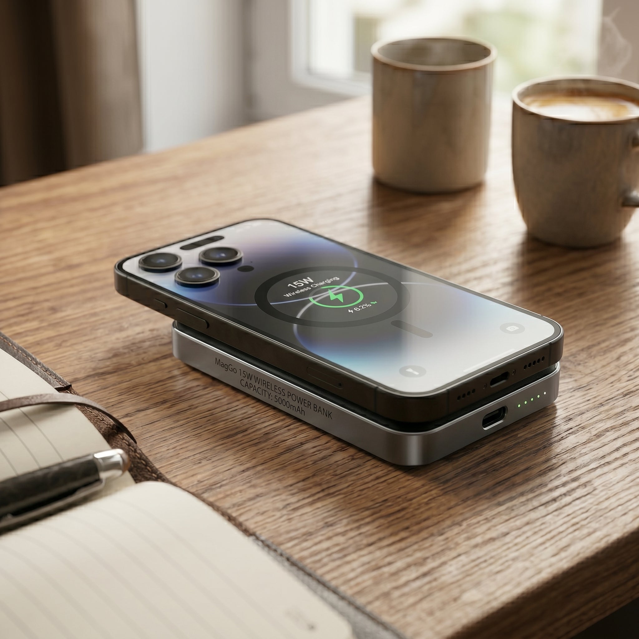 Power Bank Magnético Nebro WB-155 Carga Inalámbrica 15W Batería Externa Magnética N52 Carga Rápida Bidireccional USB-C Compatible con MagSafe, Phone y Fundas Gruesas