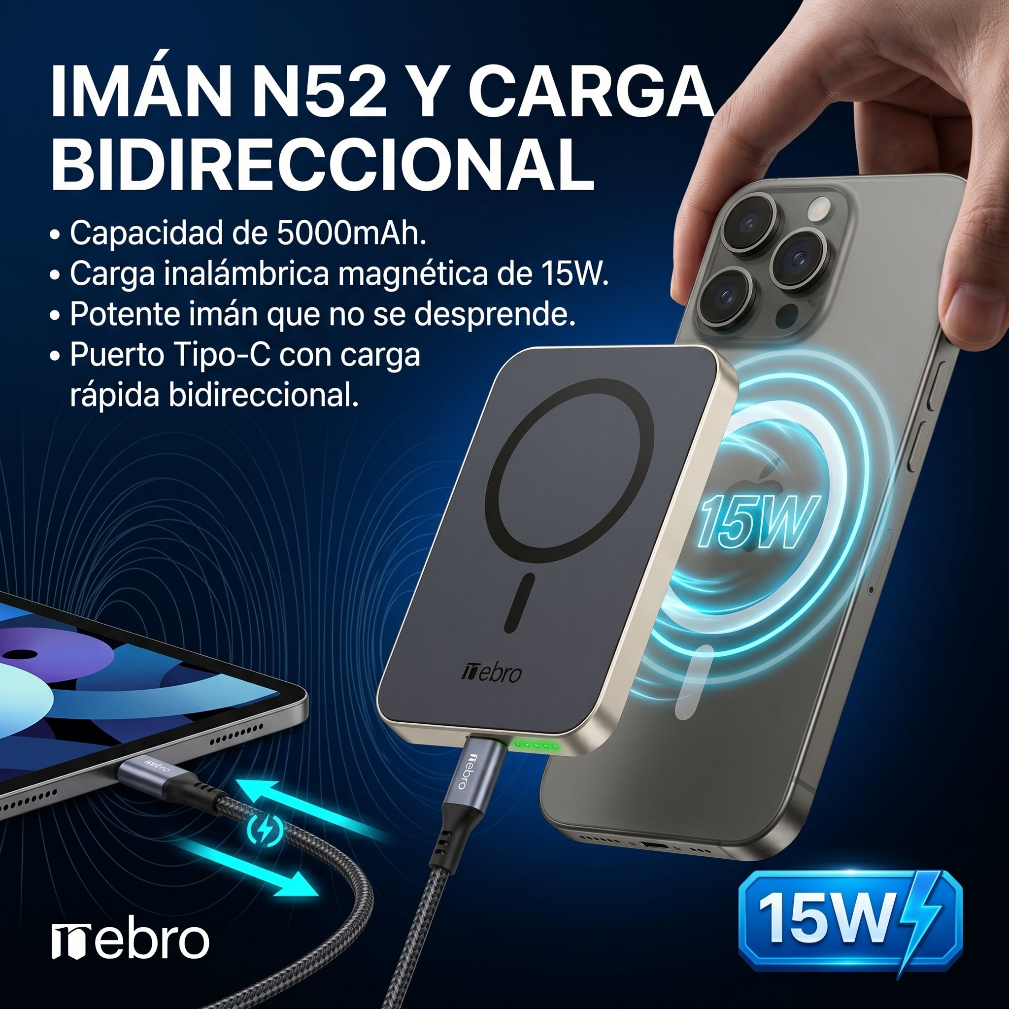 Power Bank Magnético Nebro WB-155 Carga Inalámbrica 15W Batería Externa Magnética N52 Carga Rápida Bidireccional USB-C Compatible con MagSafe, Phone y Fundas Gruesas