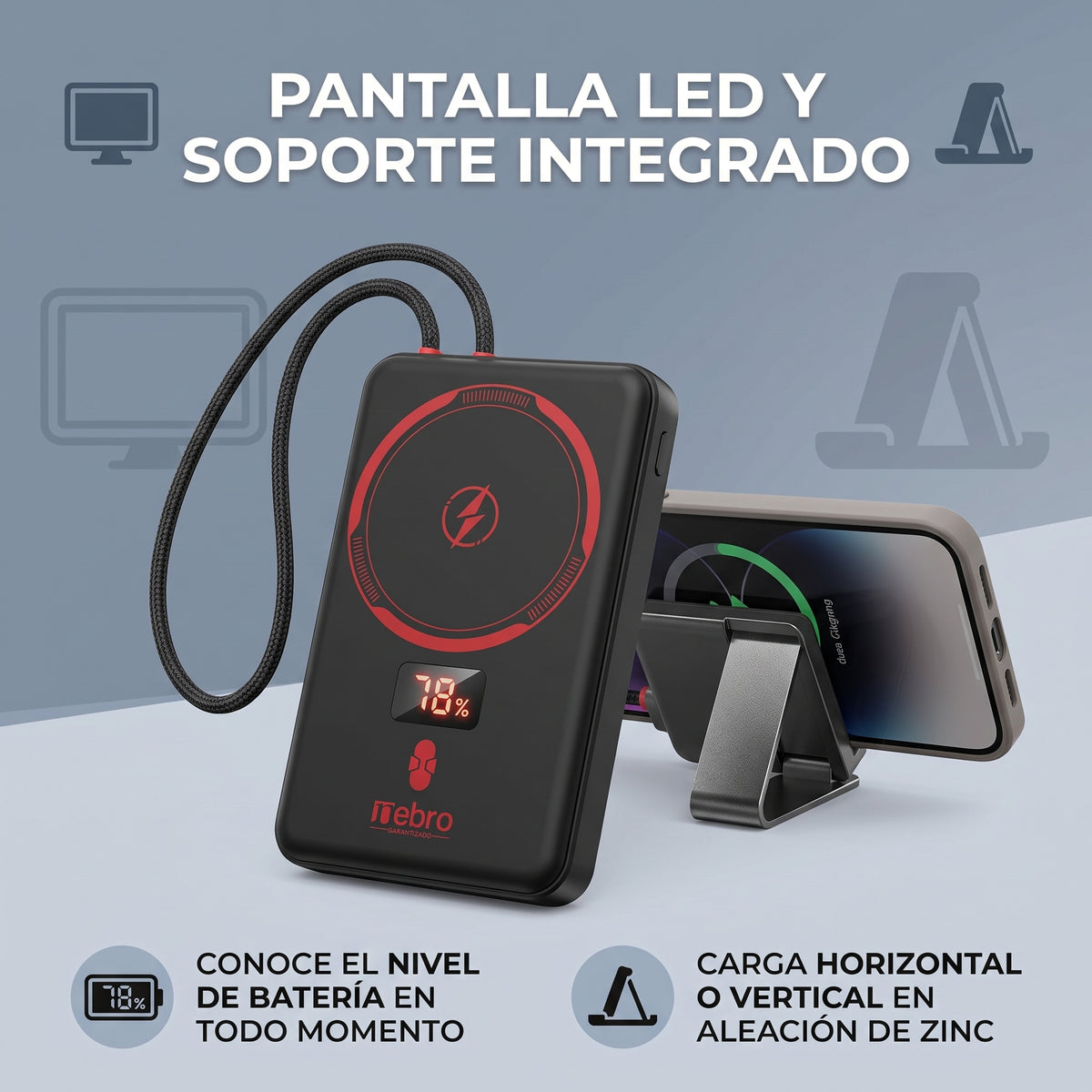 Batería Portátil Nebro WB-157 15W Carga Inalámbrica Magnética Pantalla LED