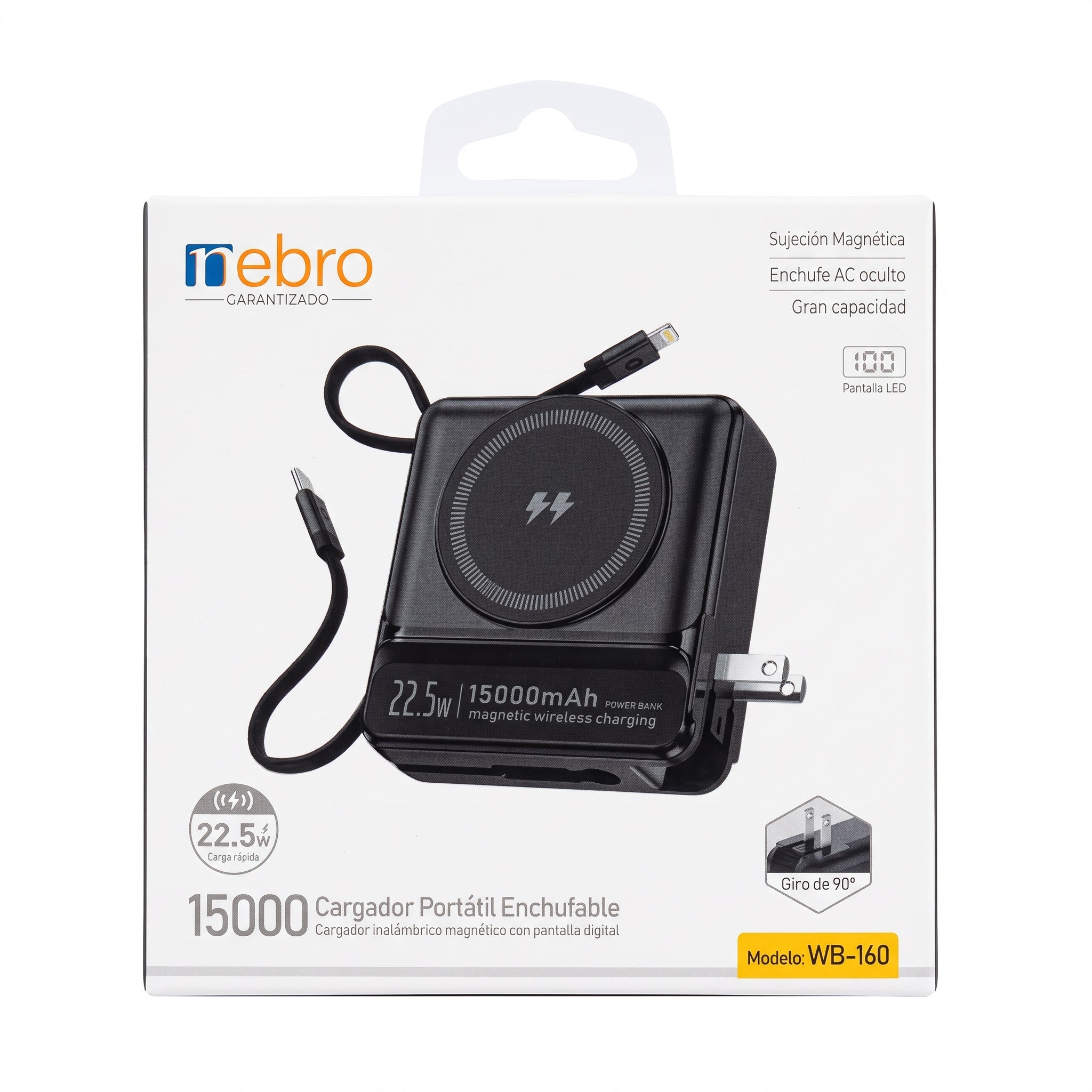 Powerbank Bateria Portatil Nebro WB-160 Enchufe AC MagSafe y Cables Integrados