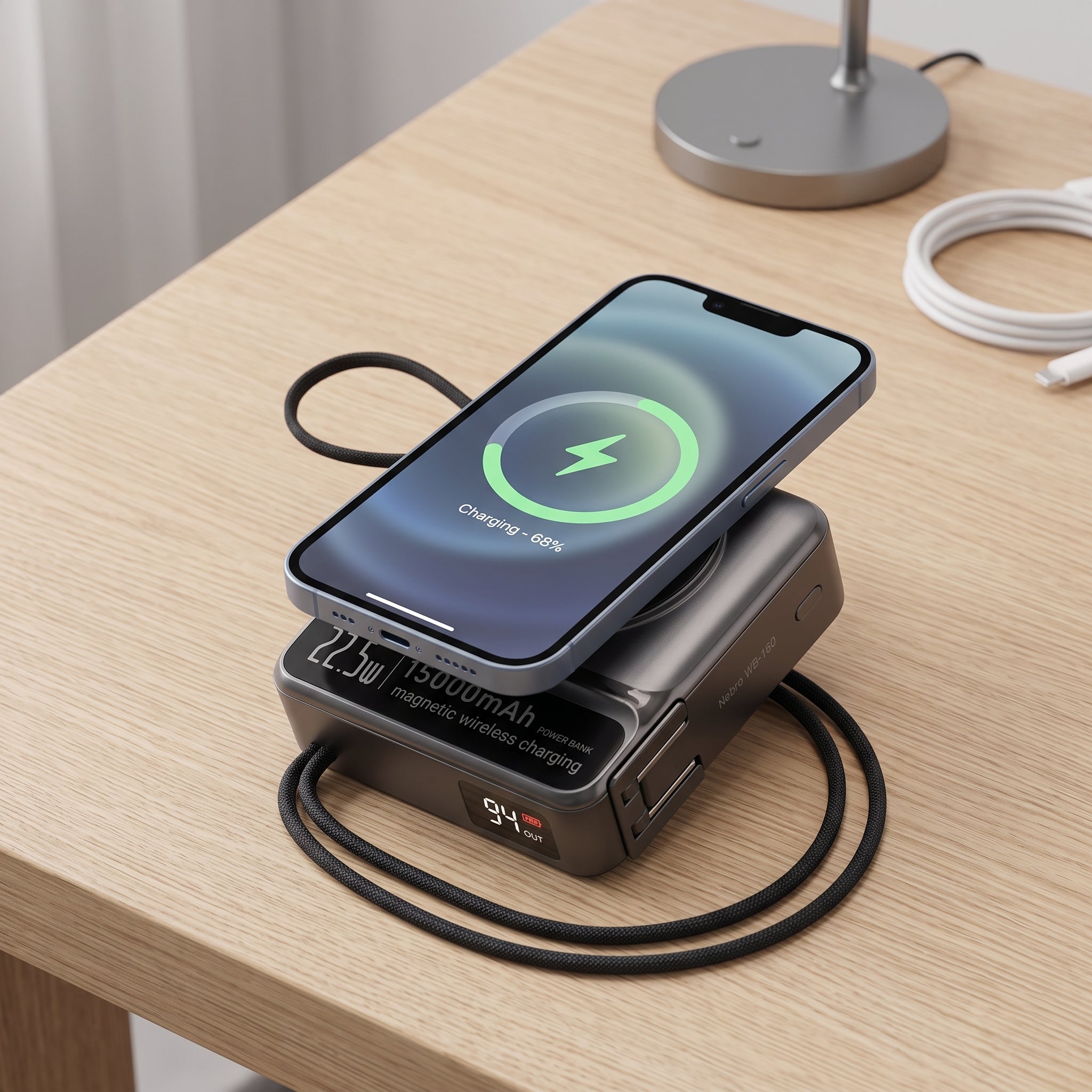 Powerbank Bateria Portatil Nebro WB-160 Enchufe AC MagSafe y Cables Integrados
