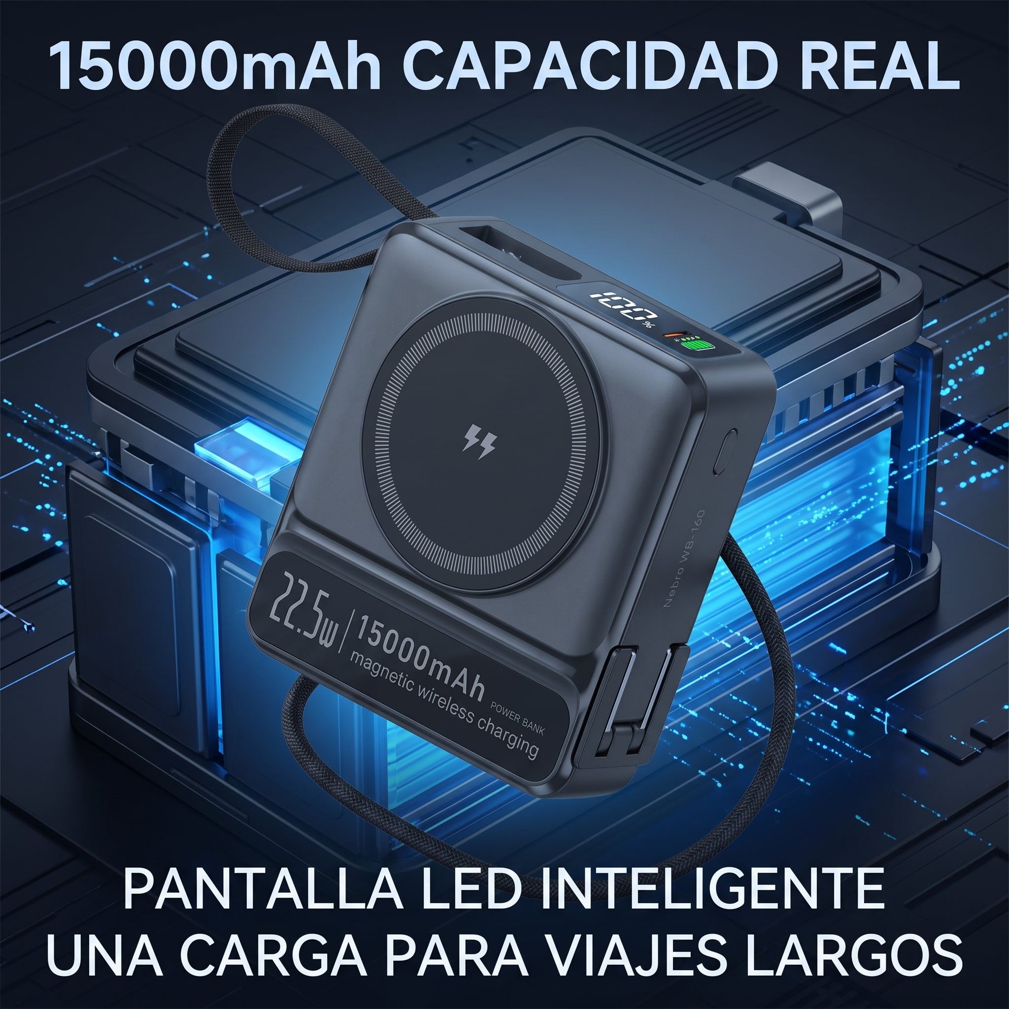 Powerbank Bateria Portatil Nebro WB-160 Enchufe AC MagSafe y Cables Integrados