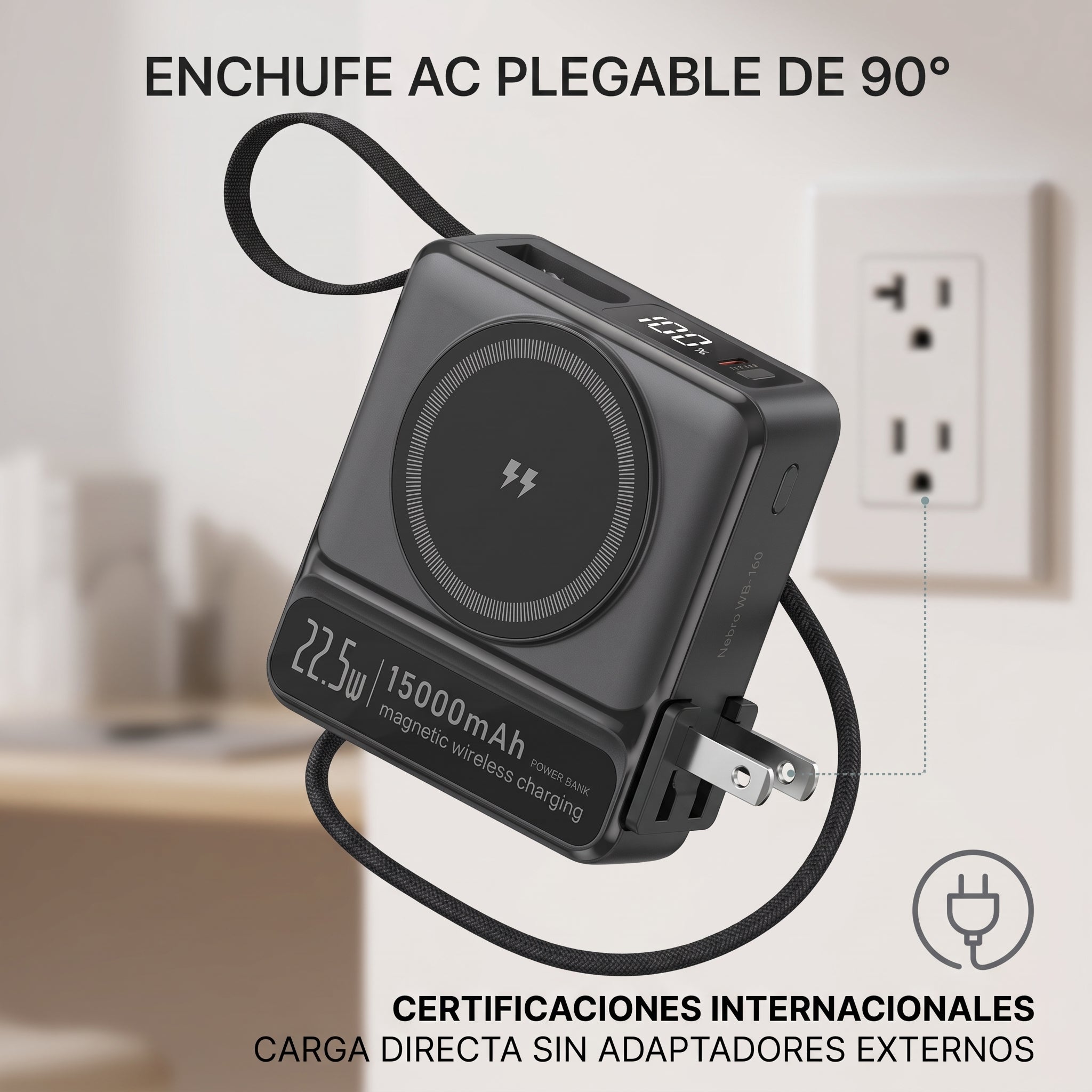 Powerbank Bateria Portatil Nebro WB-160 Enchufe AC MagSafe y Cables Integrados