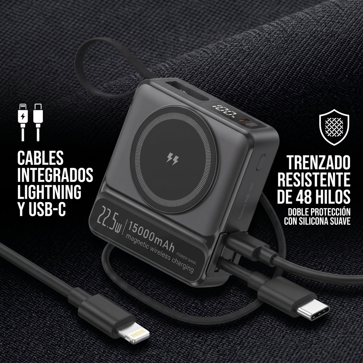 Powerbank Bateria Portatil Nebro WB-160 Enchufe AC MagSafe y Cables Integrados