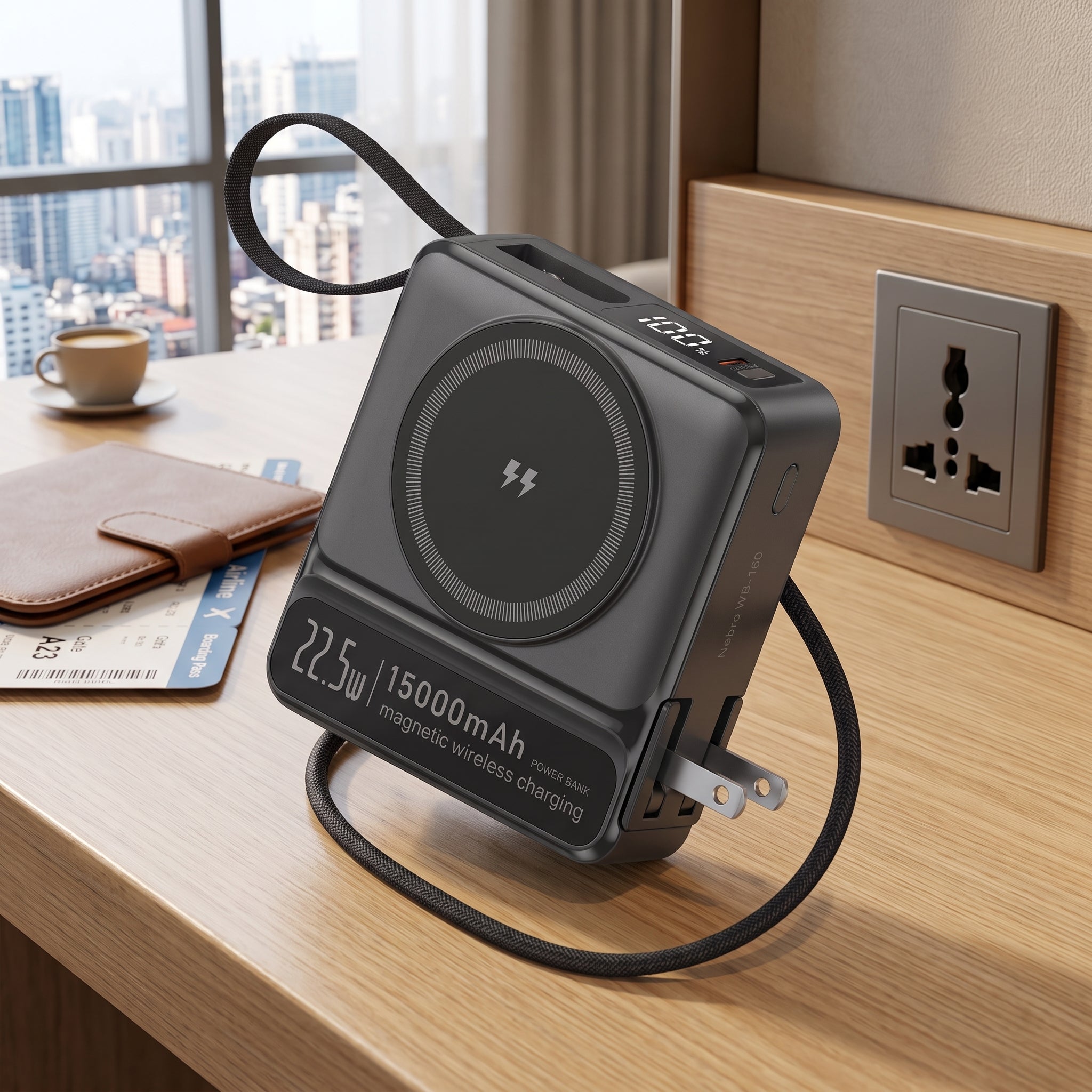 Powerbank Bateria Portatil Nebro WB-160 Enchufe AC MagSafe y Cables Integrados