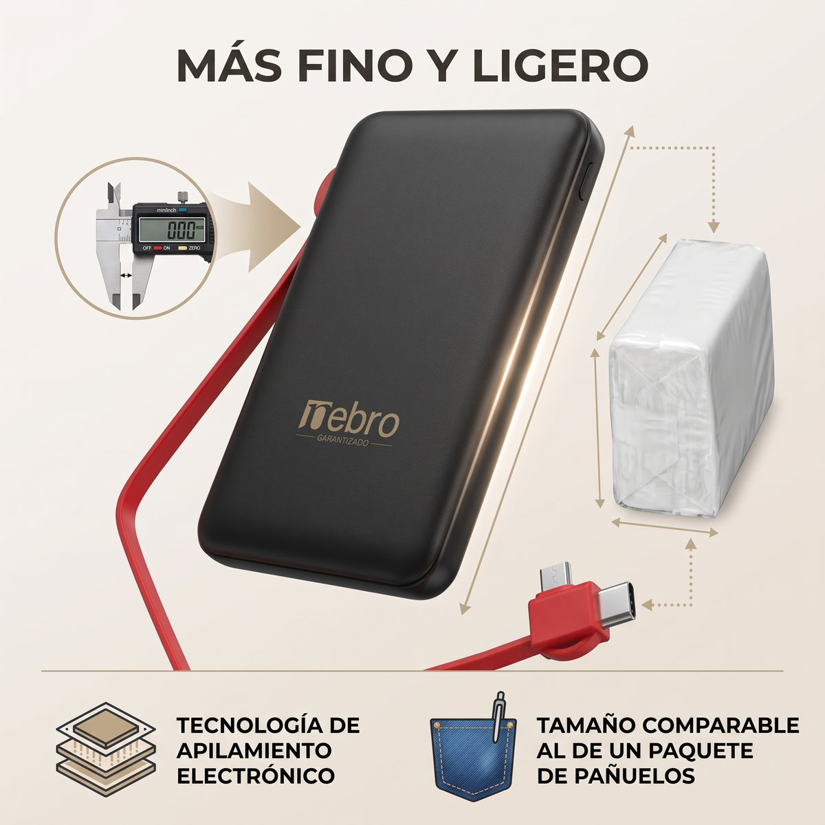 Power Bank Bateria Portátil Nebro WB-161 Cable Integrado Tipo-C y Micro USB 5000MAH