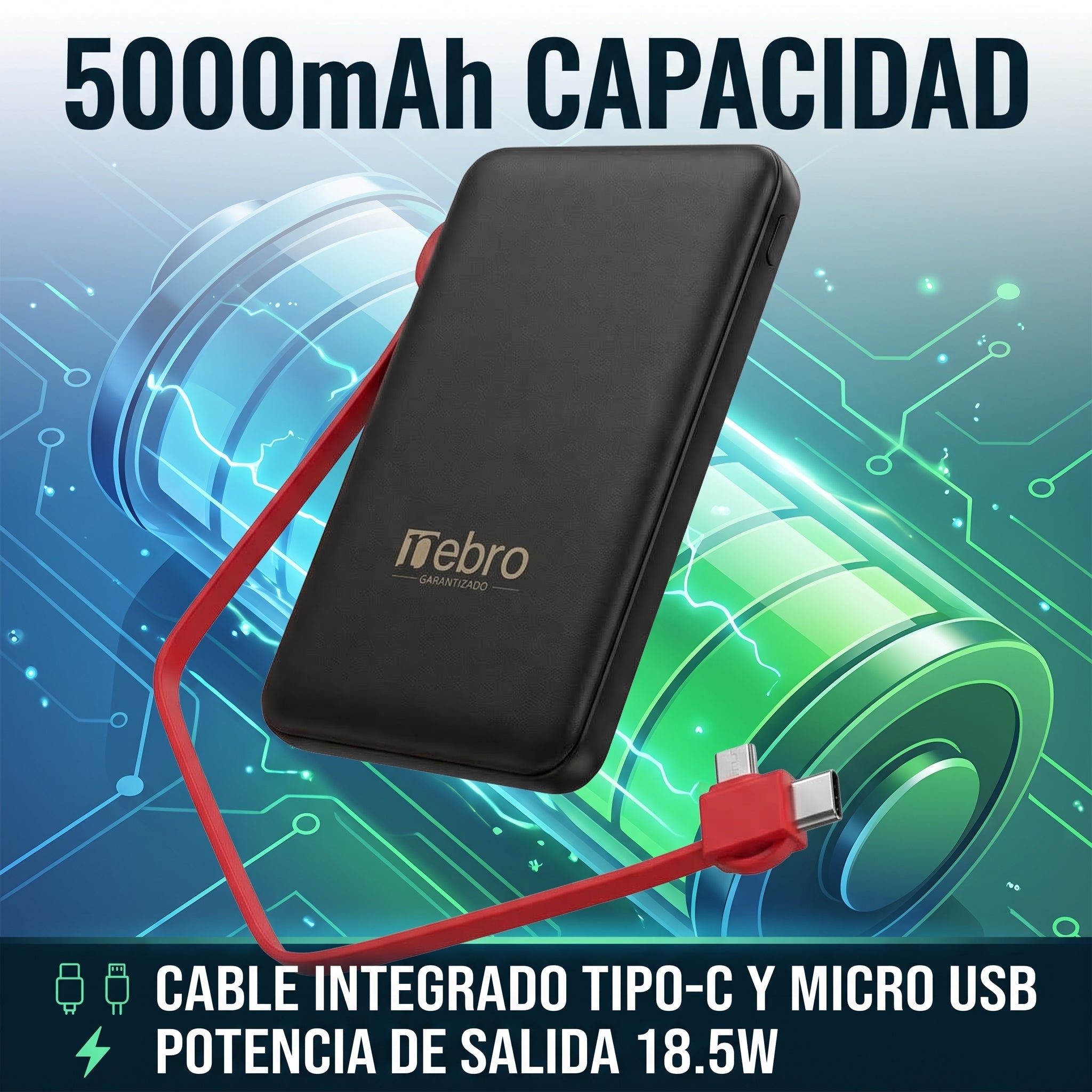 Power Bank Bateria Portátil Nebro WB-161 Cable Integrado Tipo-C y Micro USB 5000MAH