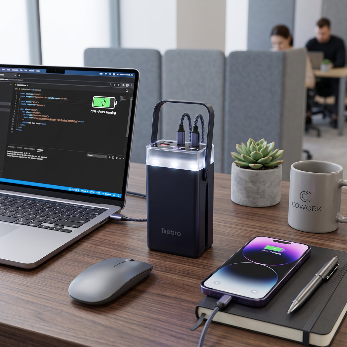 Power Bank Nebro WB-162 20000mAh Cables Integrados 77W Luz LED