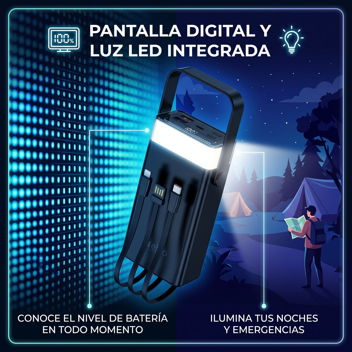 Power Bank Nebro WB-162 20000mAh Cables Integrados 77W Luz LED