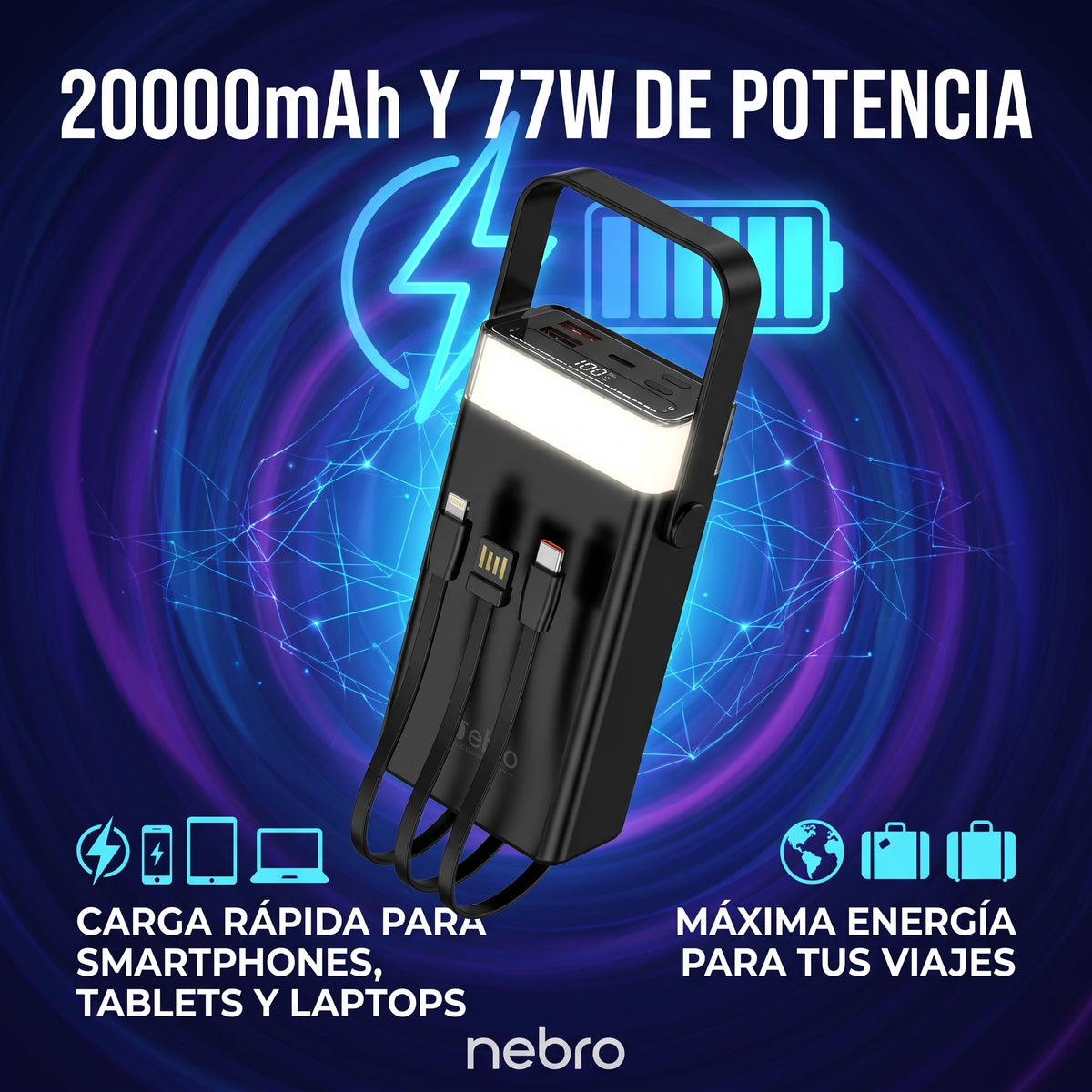 Power Bank Nebro WB-162 20000mAh Cables Integrados 77W Luz LED