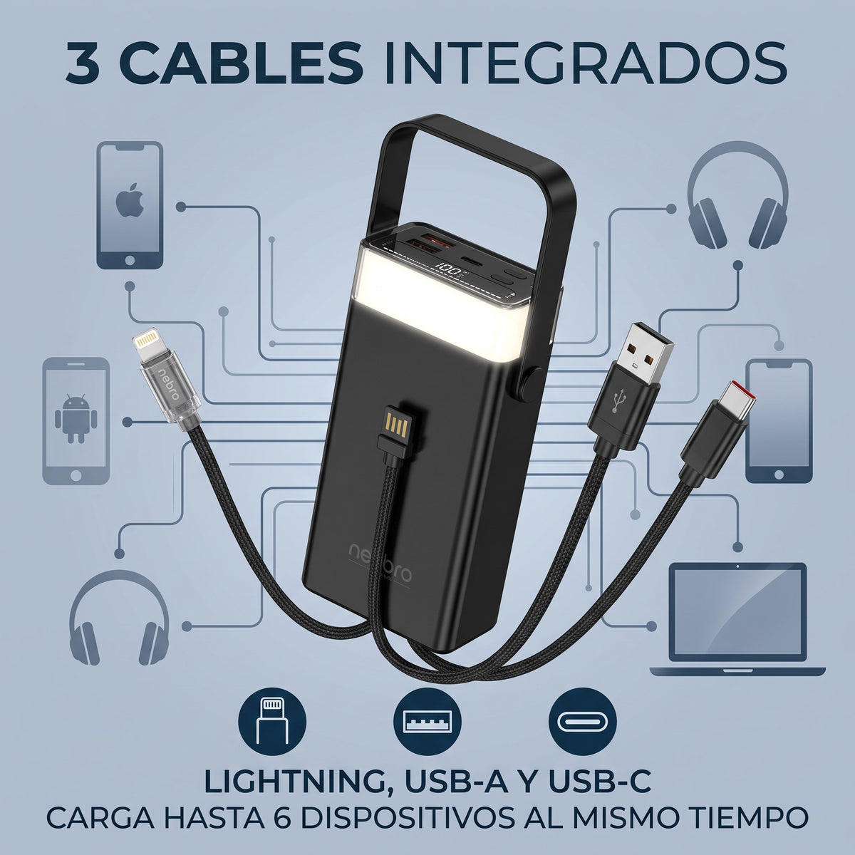 Power Bank Nebro WB-162 20000mAh Cables Integrados 77W Luz LED