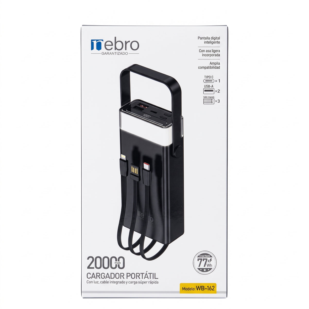 Power Bank Nebro WB-162 20000mAh Cables Integrados 77W Luz LED