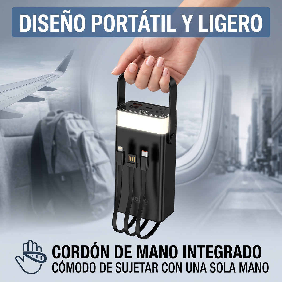 Power Bank Nebro WB-162 20000mAh Cables Integrados 77W Luz LED