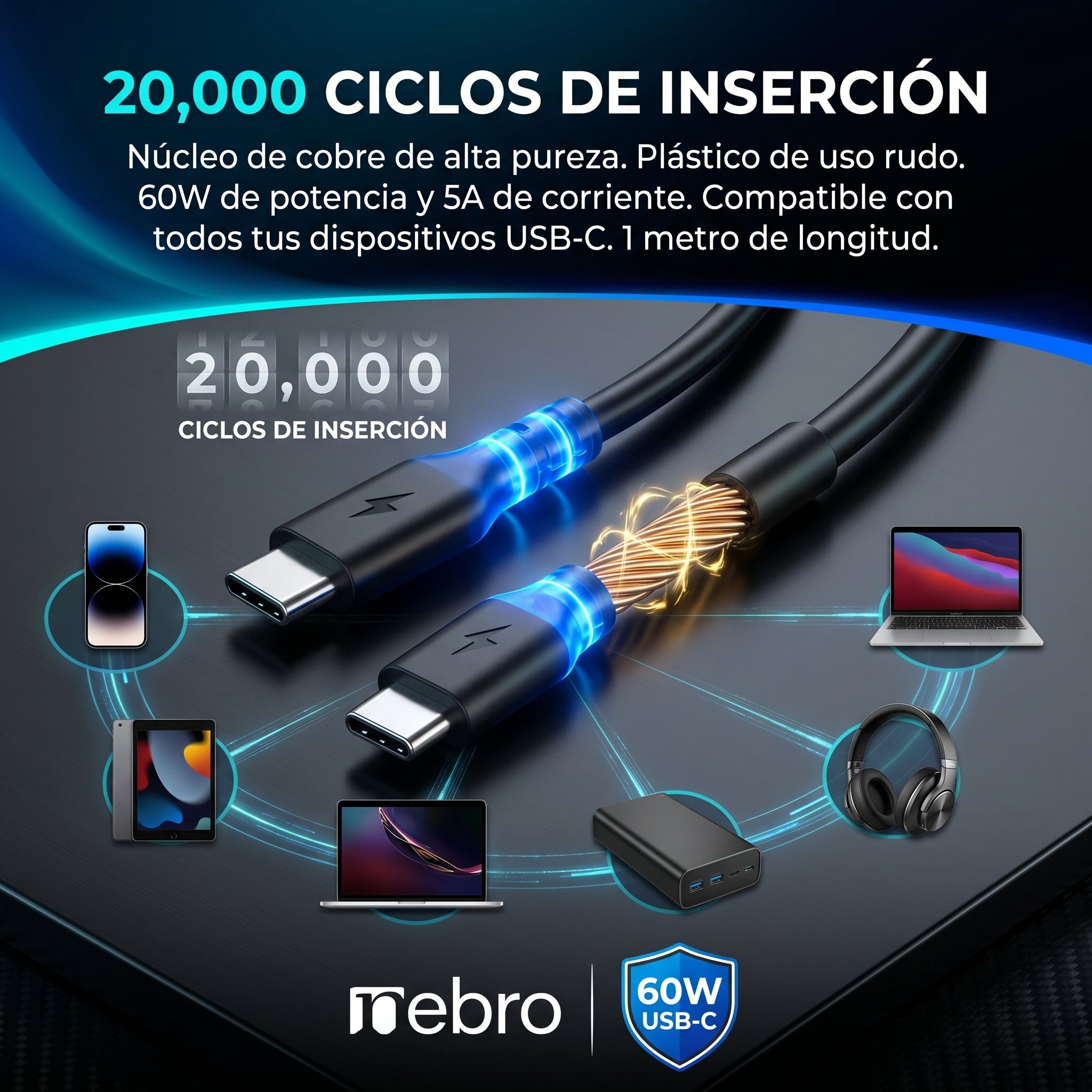 Cable USB-C a USB-C Nebro WD-05TT 1 Metro Carga Rápida 60W 5A