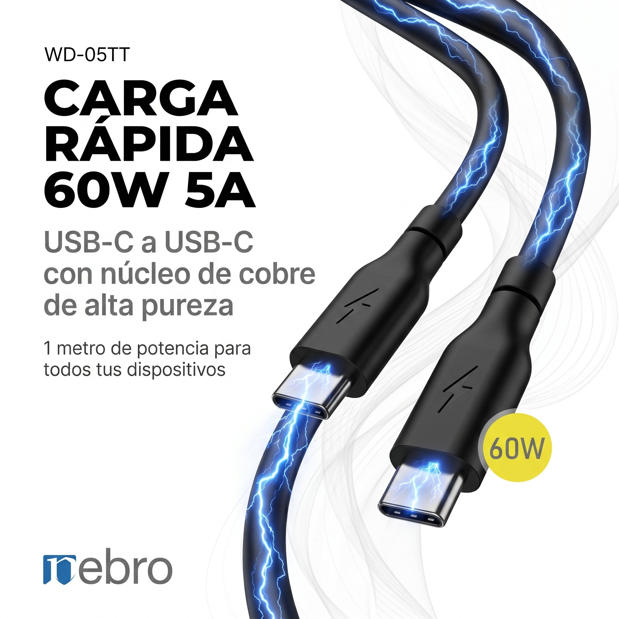 Cable USB-C a USB-C Nebro WD-05TT 1 Metro Carga Rápida 60W 5A