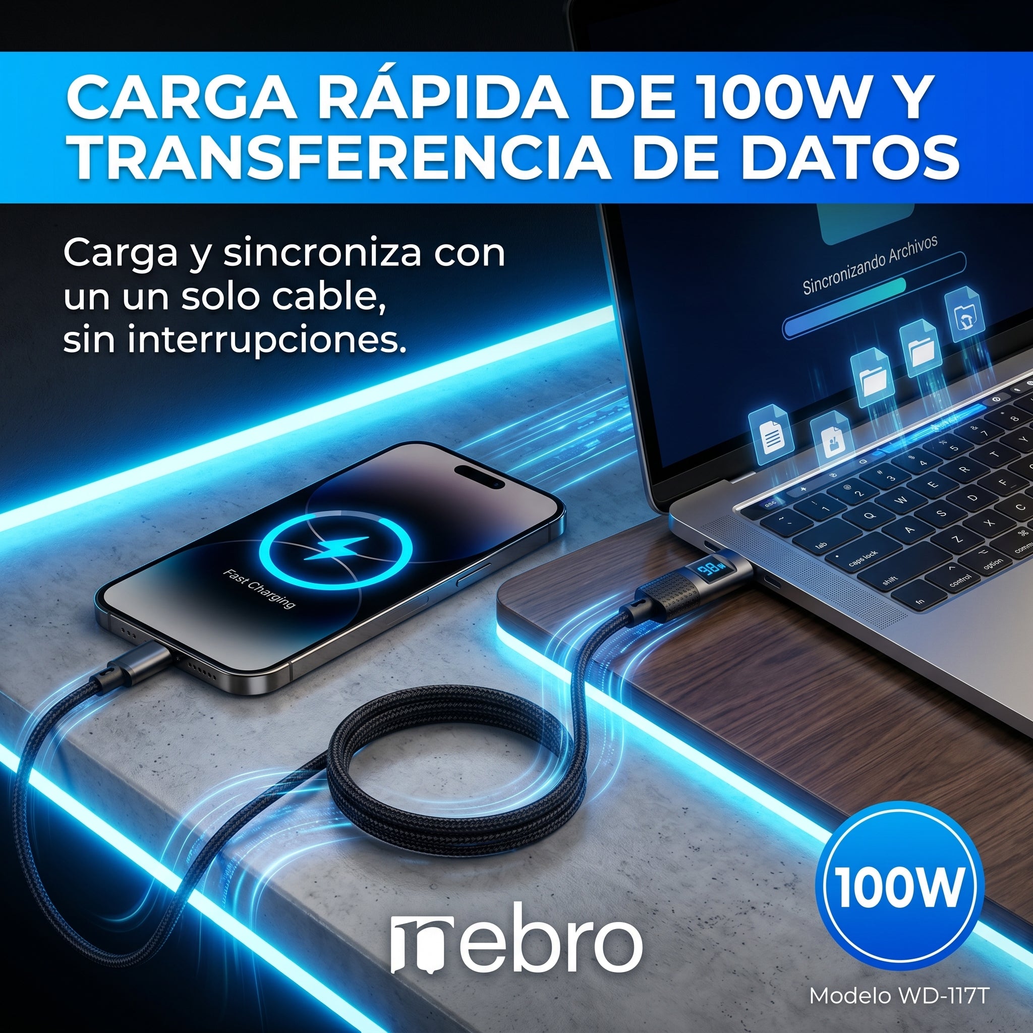 Cable USB Tipo C NEBRO WD117T 100W Carga Rápida y Transferencia de Datos