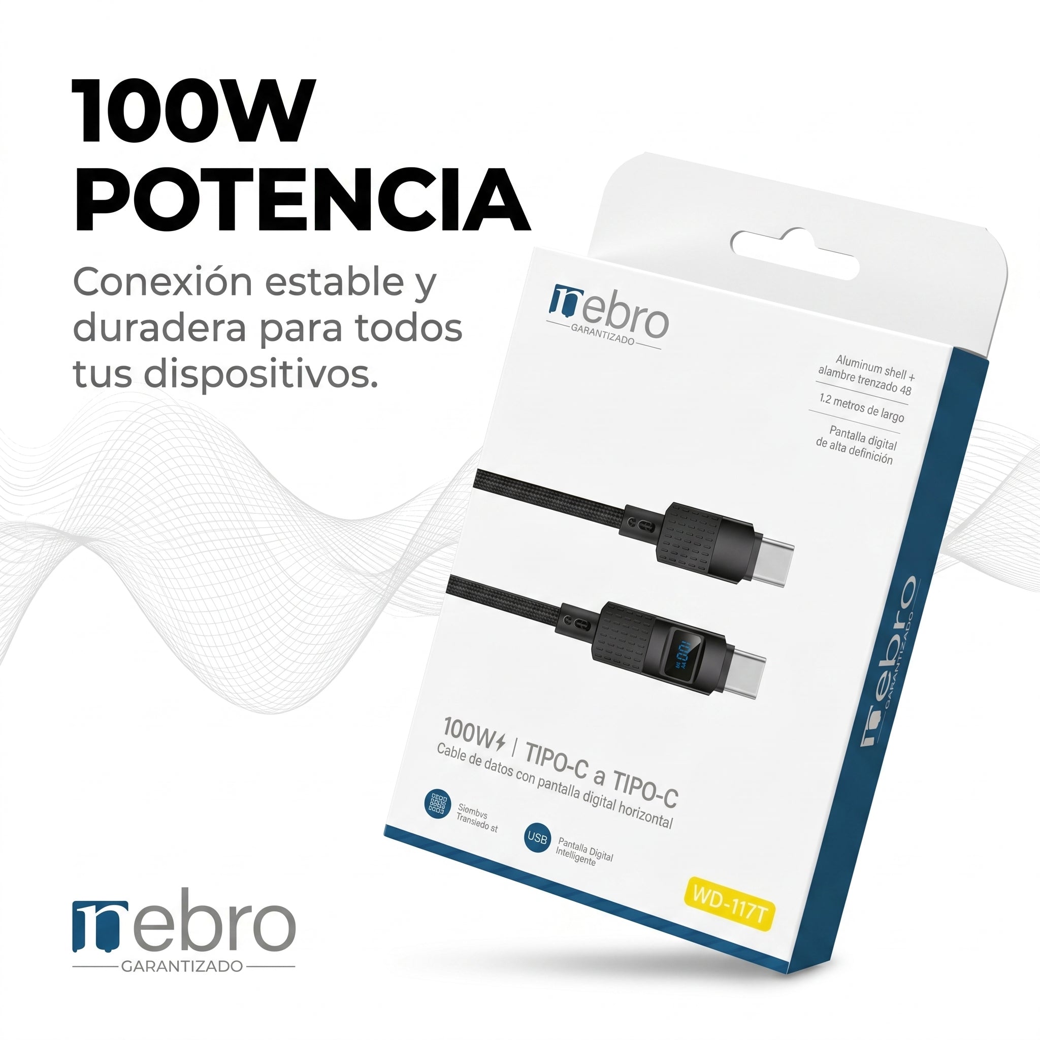 Cable USB Tipo C NEBRO WD117T 100W Carga Rápida y Transferencia de Datos