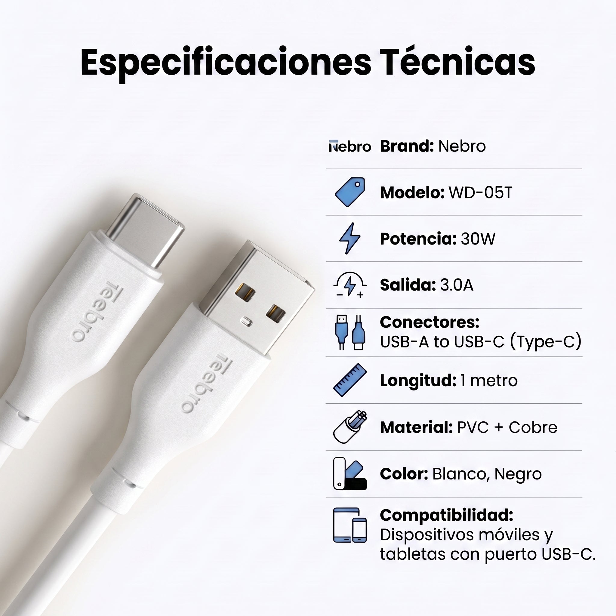 Cable USB-A a USB-C Nebro WD-05T: Carga 30W
