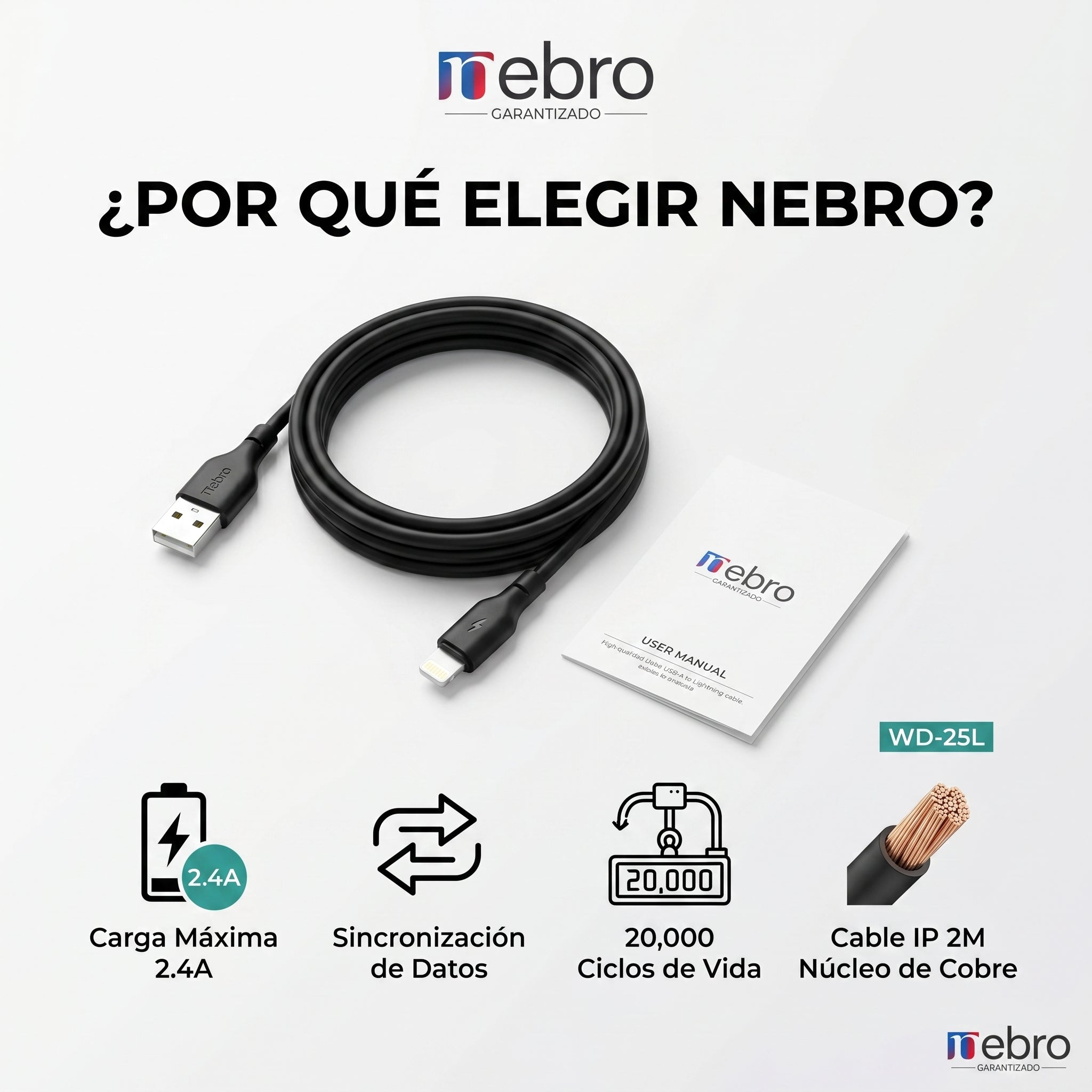 Cable USB a Lightning Nebro WD-25L 2 Metros Carga Rápida 2.4A