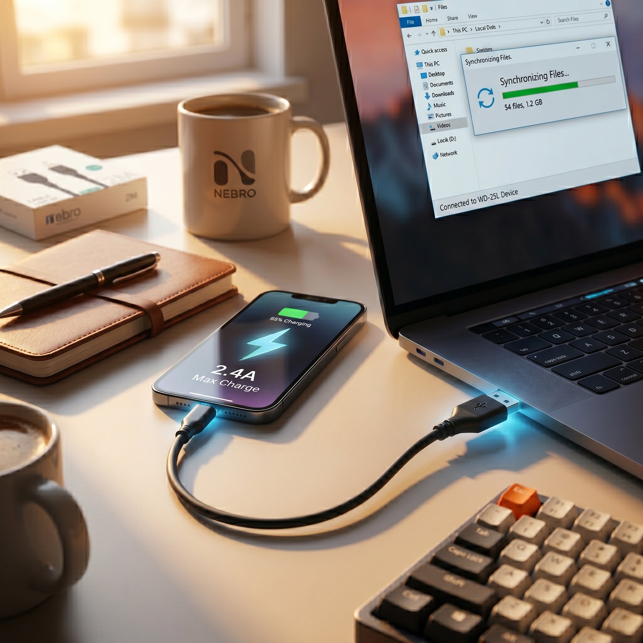 Cable USB a Lightning Nebro WD-25L 2 Metros Carga Rápida 2.4A