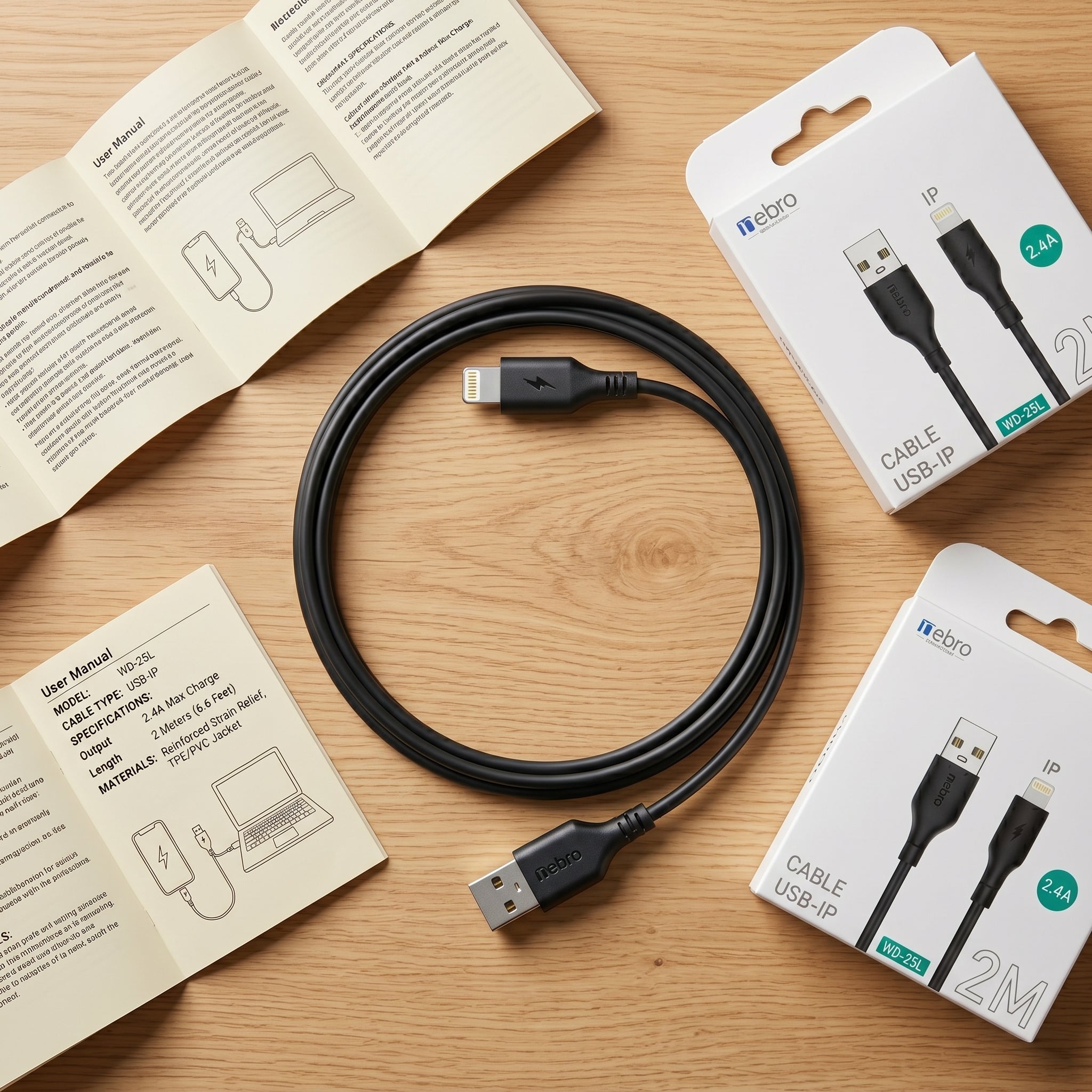 Cable USB a Lightning Nebro WD-25L 2 Metros Carga Rápida 2.4A