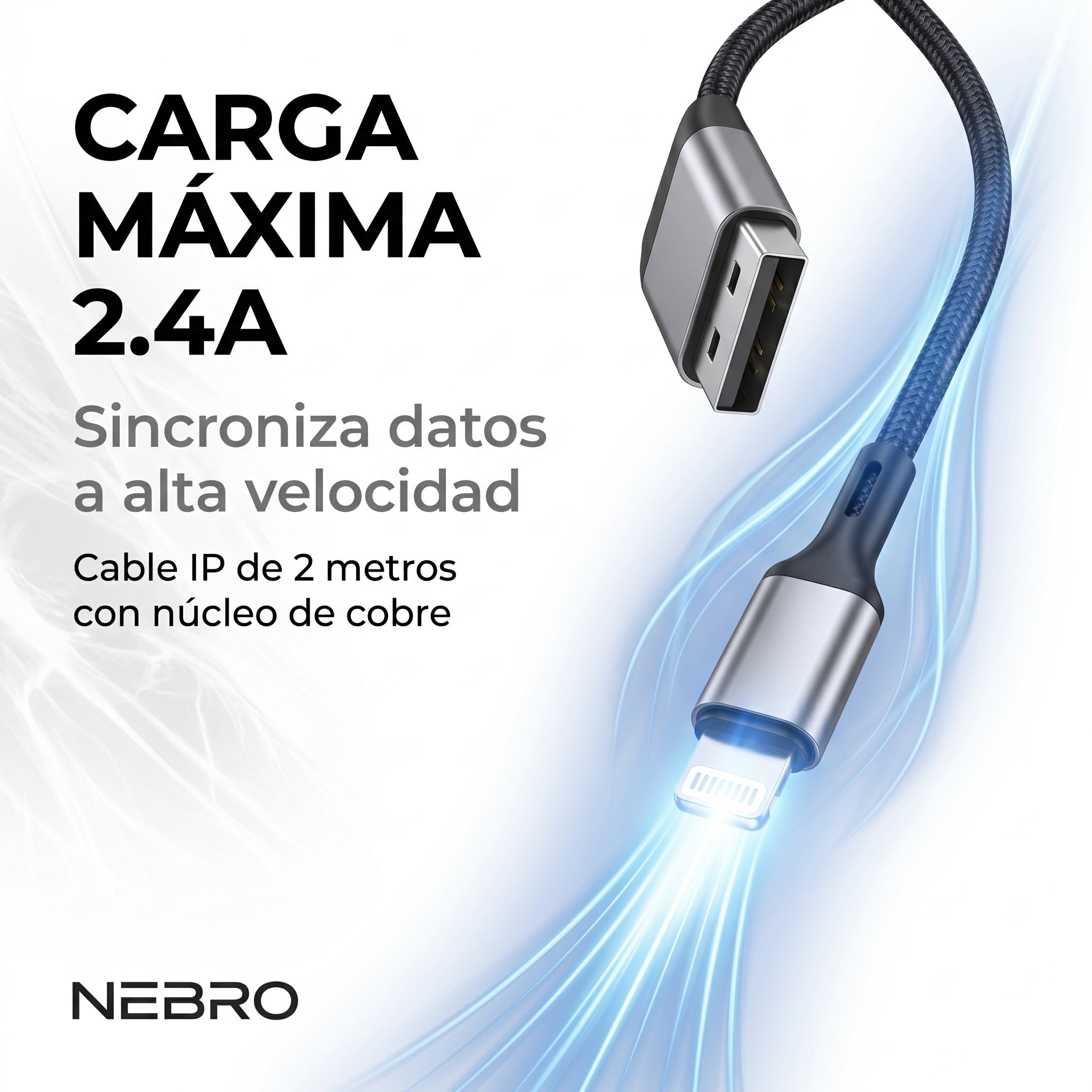 Cable USB a Lightning Nebro WD-25L 2 Metros Carga Rápida 2.4A
