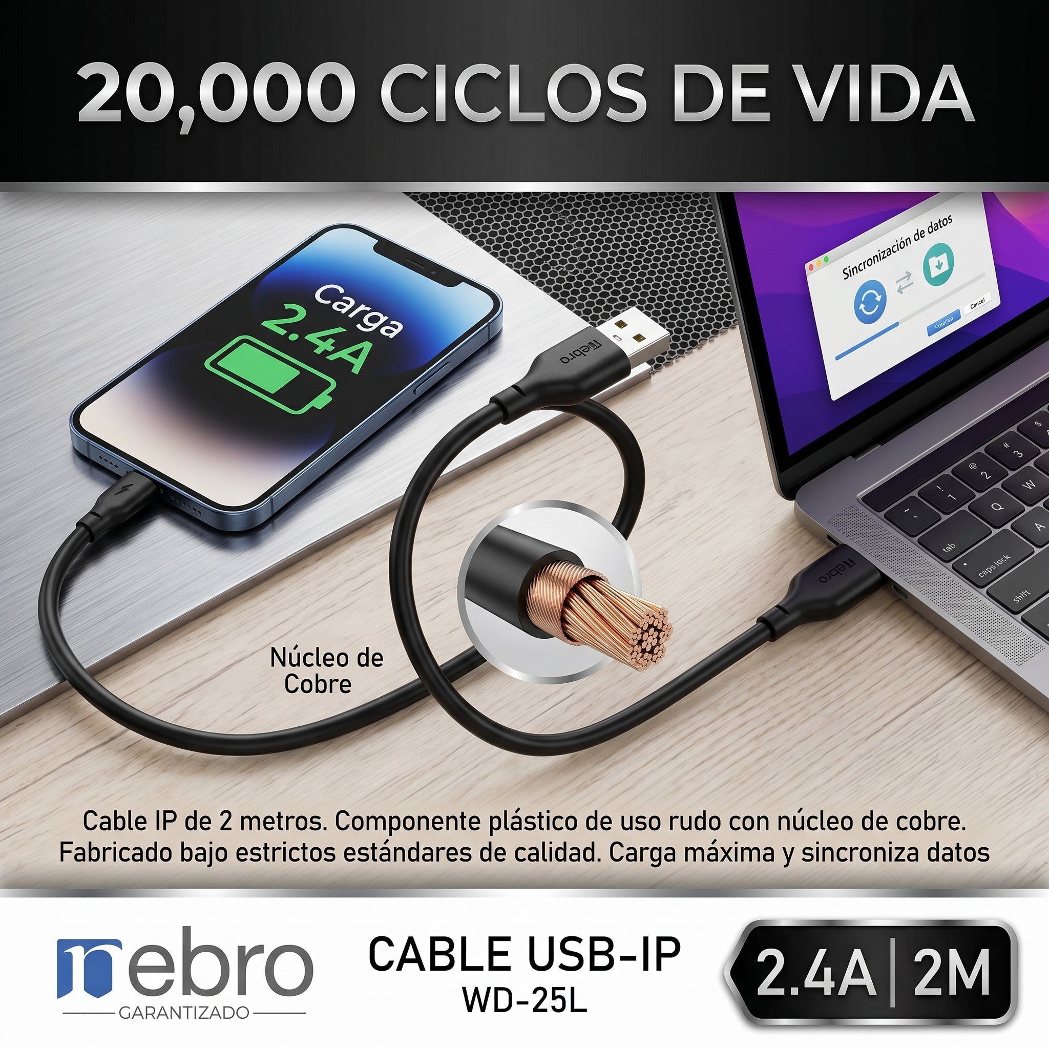 Cable USB a Lightning Nebro WD-25L 2 Metros Carga Rápida 2.4A