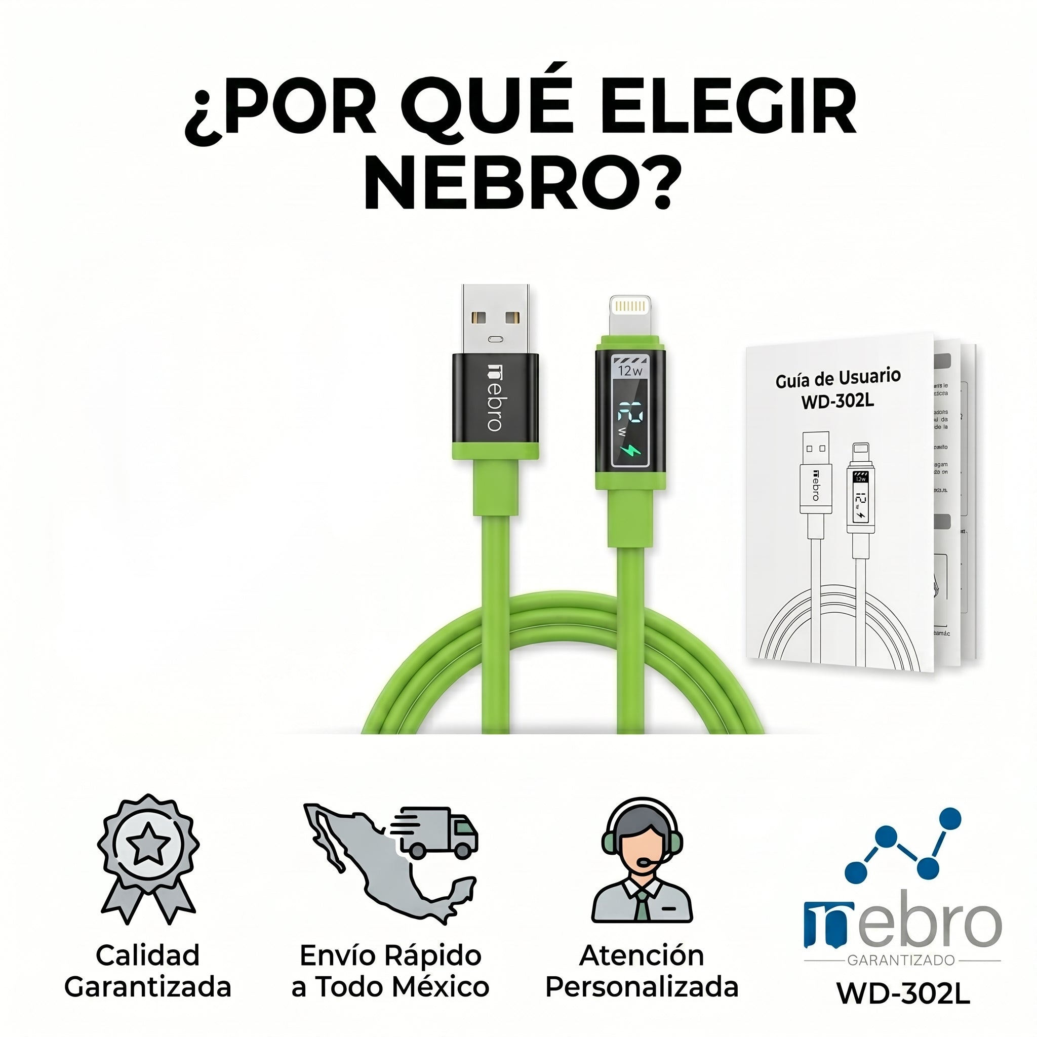 Cable Lightning NEBRO WD-302L 12W Certificado MFi Carga y Sincronización