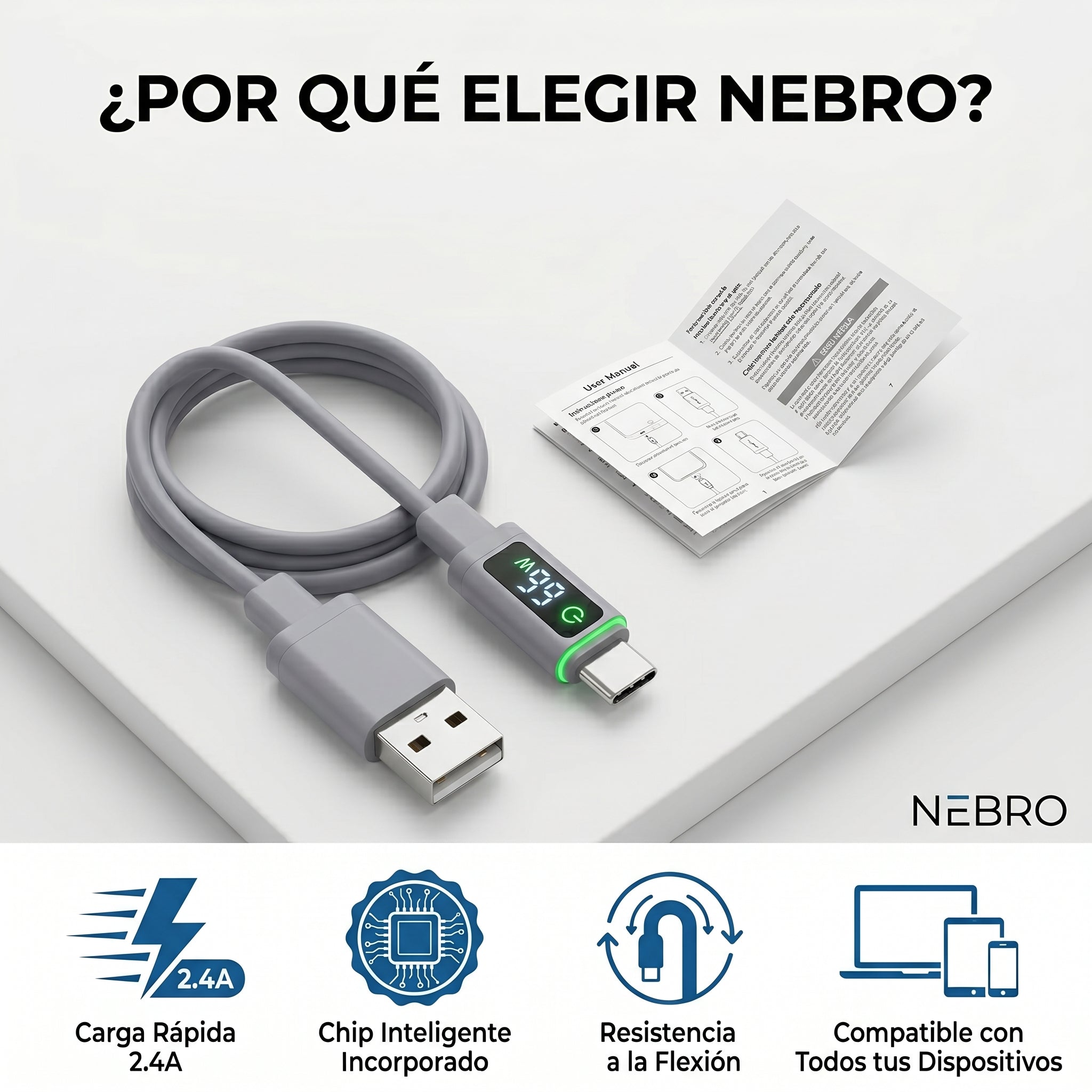 Cable USB-A a USB-C Nebro WD-302T 1.2 Metros Carga Rápida 2.4A