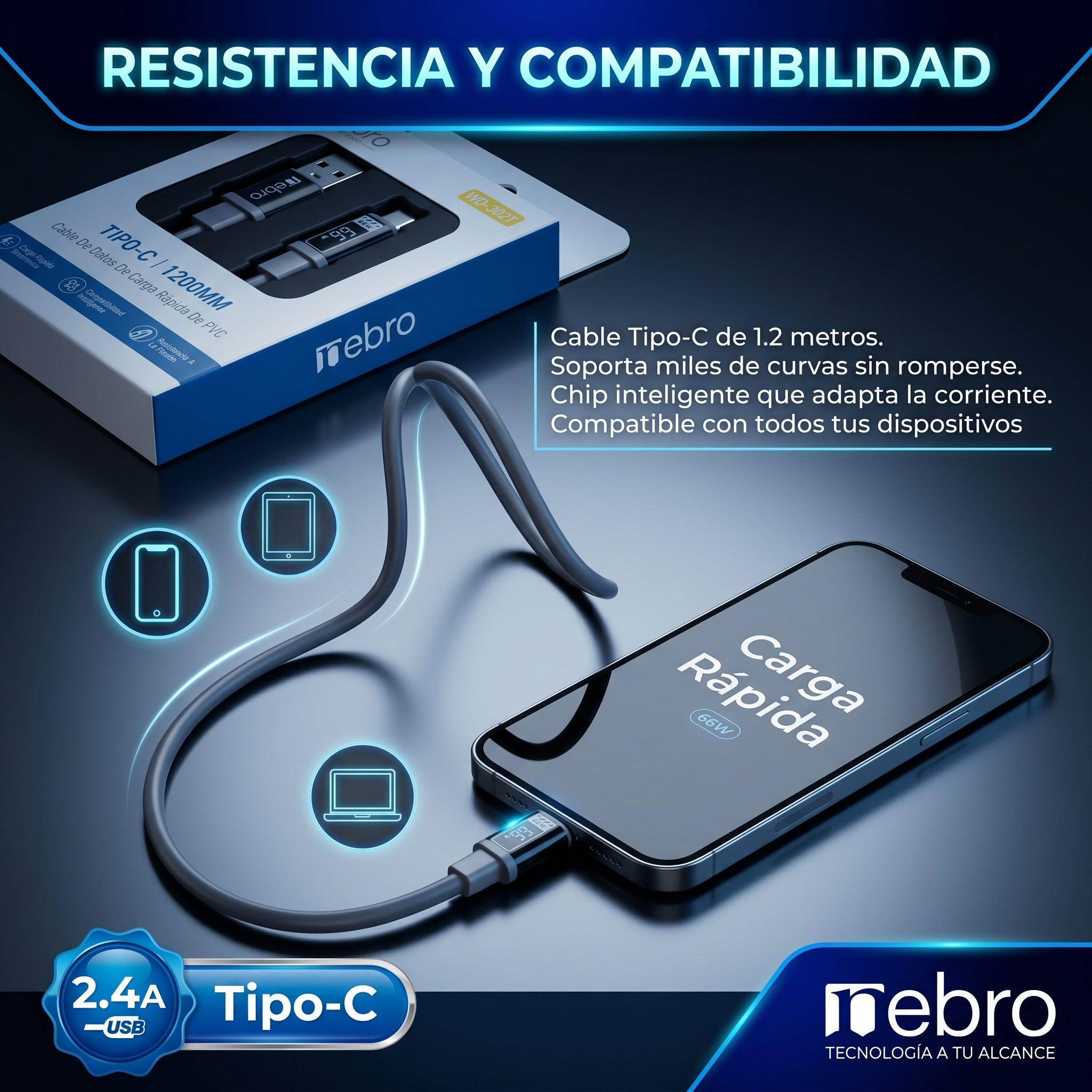 Cable USB-A a USB-C Nebro WD-302T 1.2 Metros Carga Rápida 2.4A
