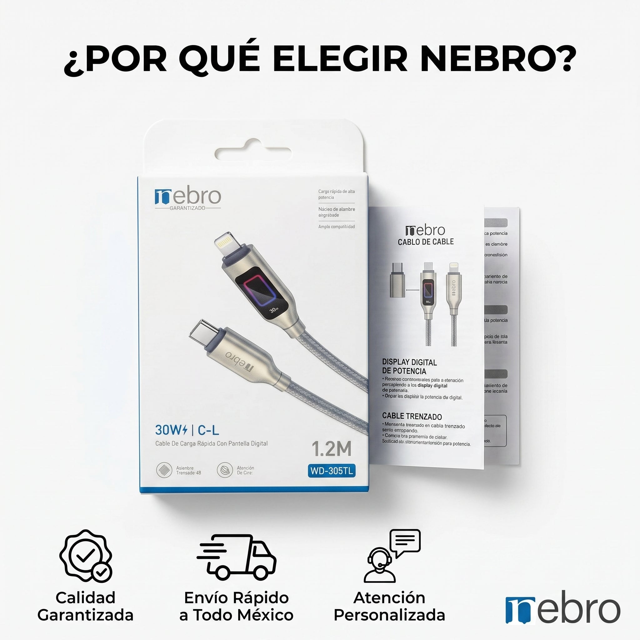 Cable Lightning Trenzado NEBRO WD-305TL 30W Carga Rápida Alta Resistencia