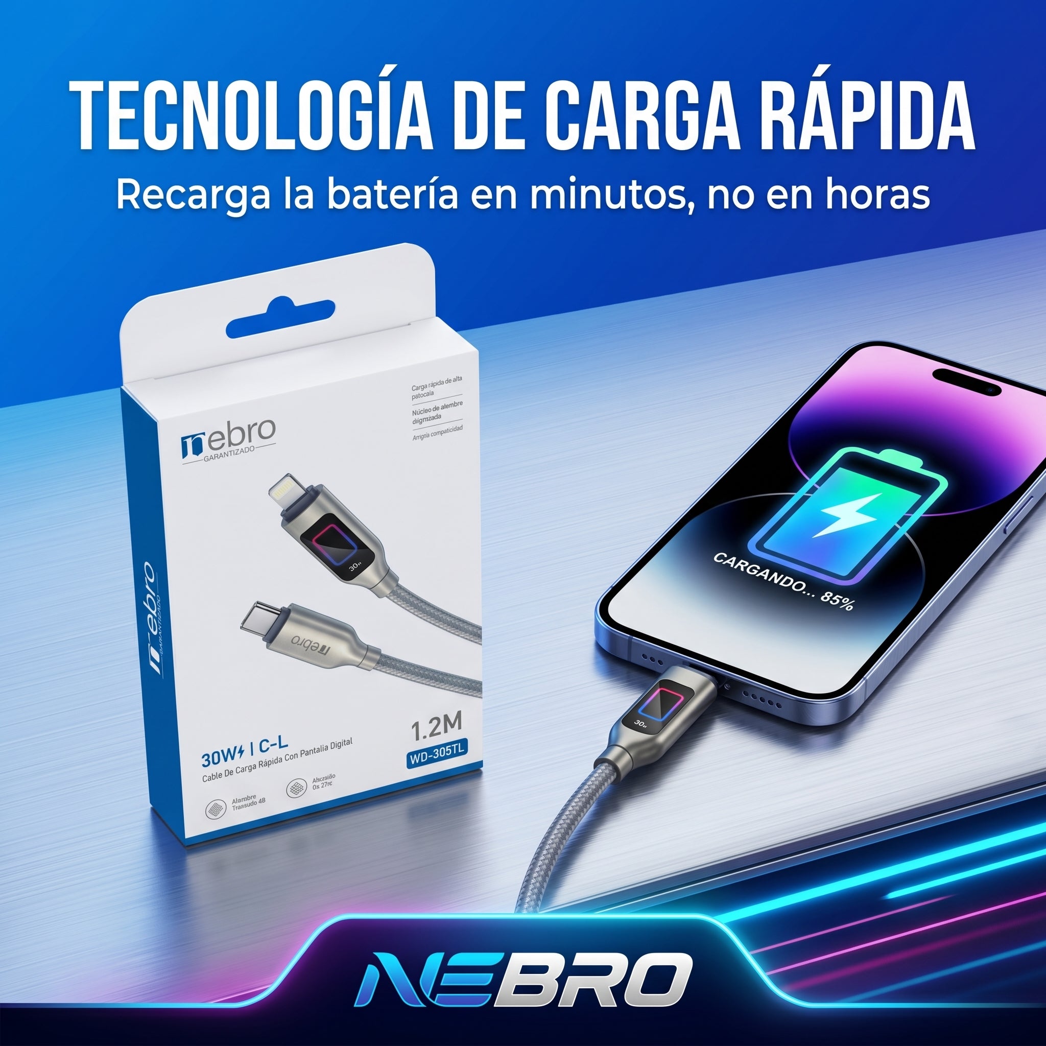 Cable Lightning Trenzado NEBRO WD-305TL 30W Carga Rápida Alta Resistencia