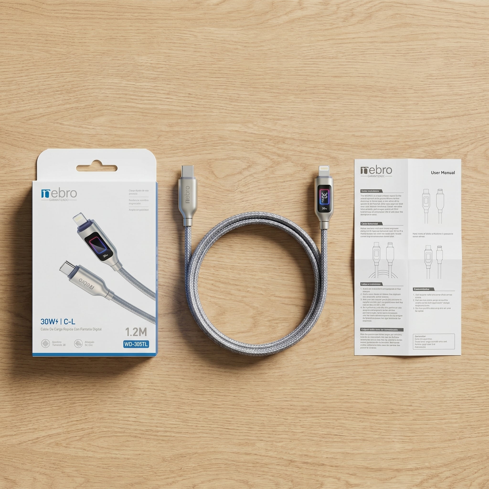 Cable Lightning Trenzado NEBRO WD-305TL 30W Carga Rápida Alta Resistencia