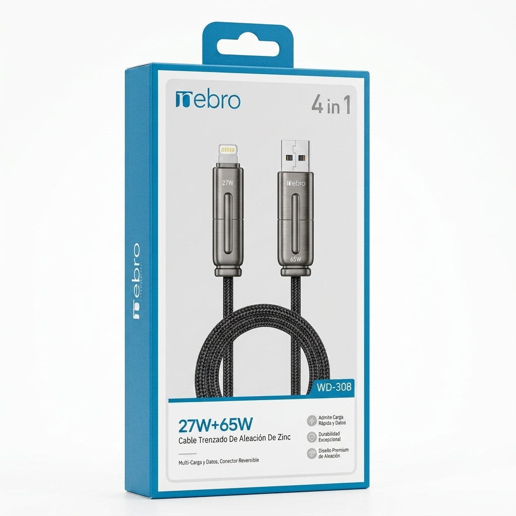 Cable 4 en 1 NEBRO WD-308 27W Multiconector Compatible iOS Android USB-C