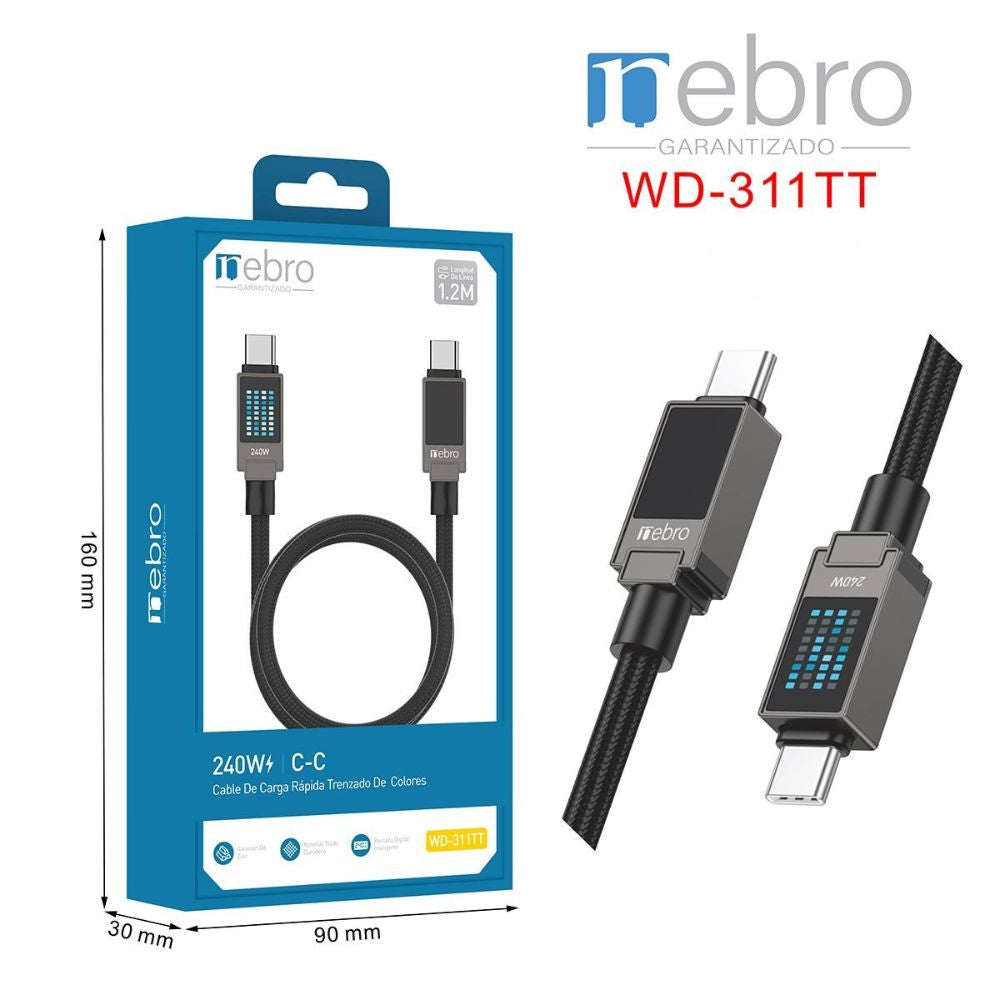 Cable Tipo C Reforzado NEBRO WD311TT 240W Carga Rápida Uso Profesional