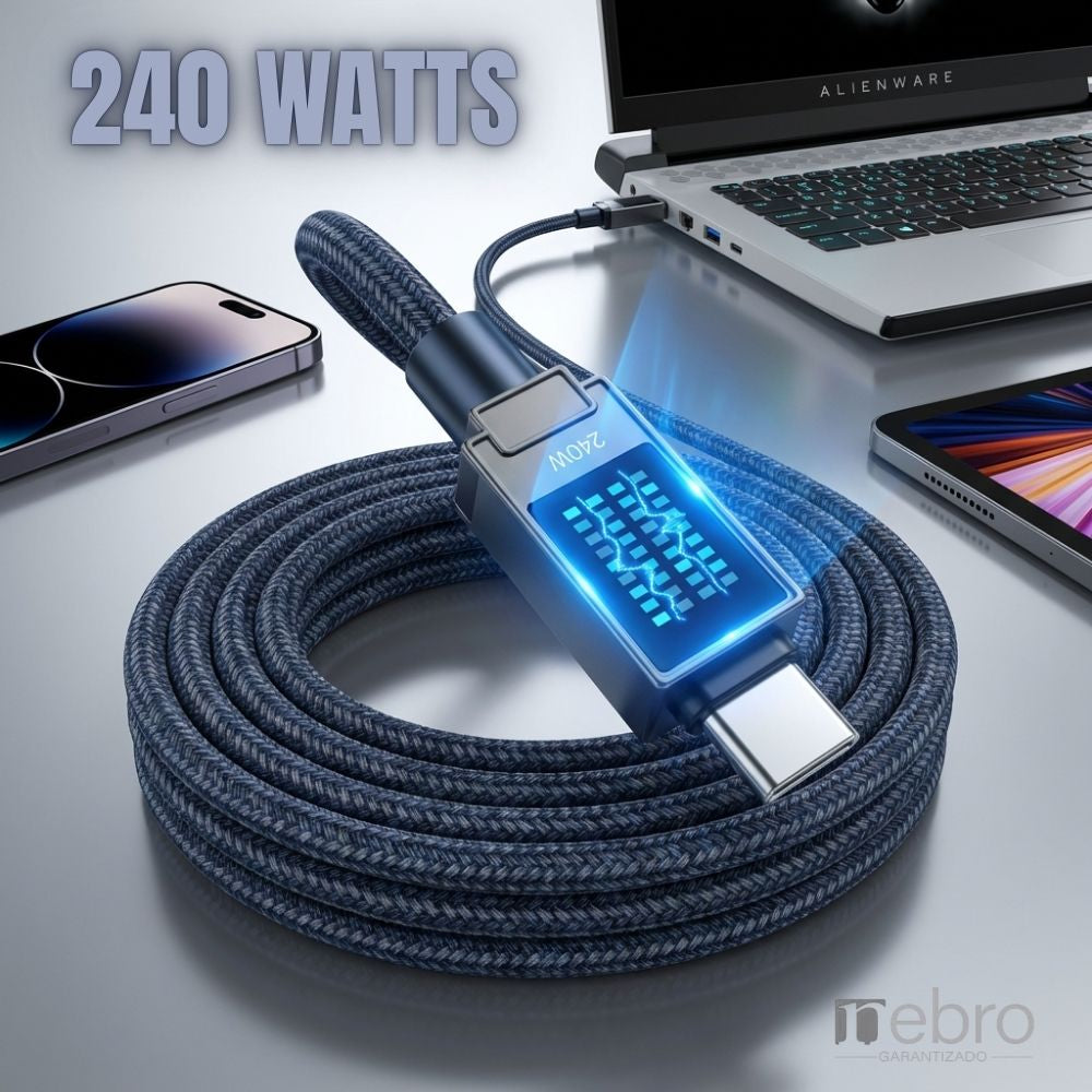 Cable Tipo C Reforzado NEBRO WD311TT 240W Carga Rápida Uso Profesional
