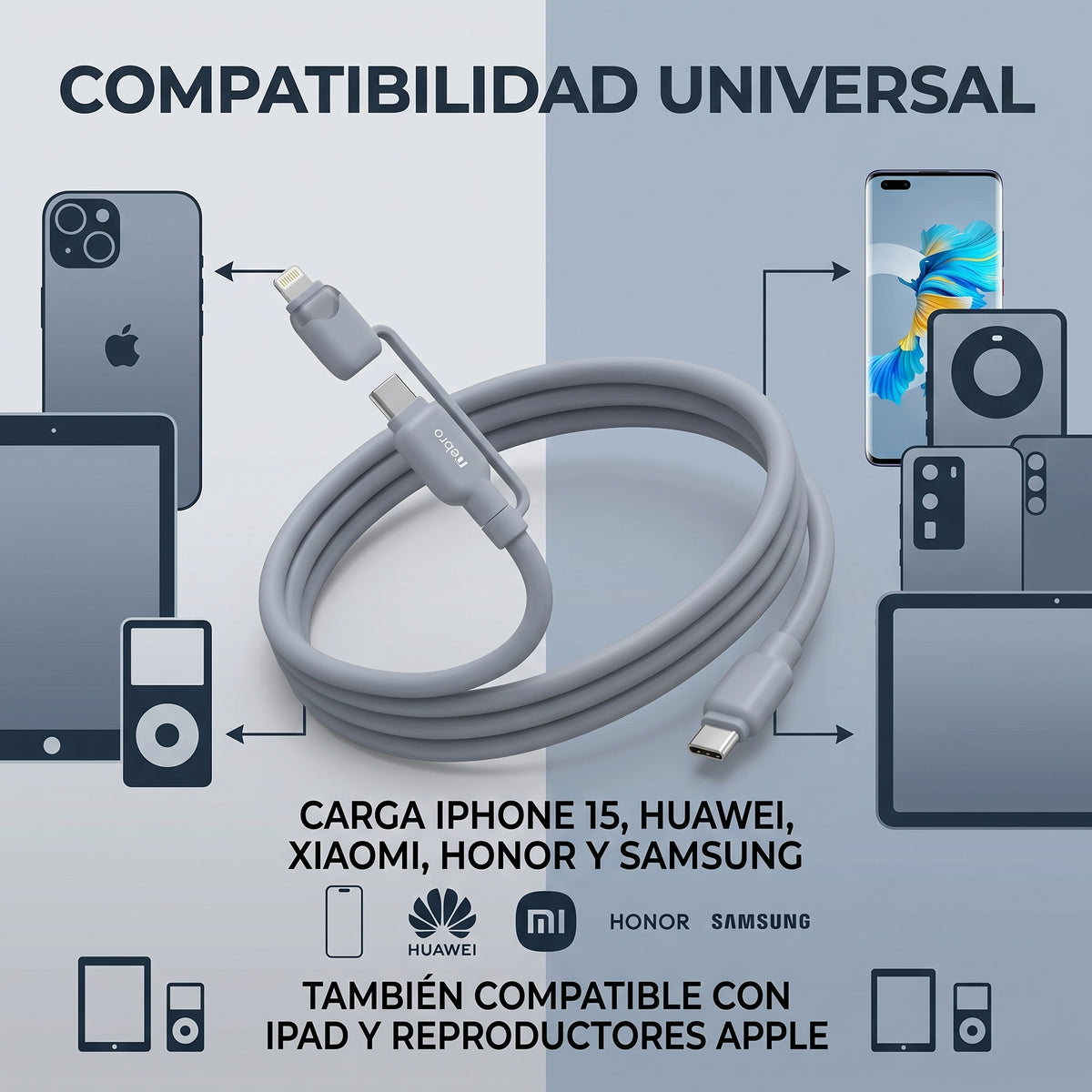 Cable 2 en 1 Tipo-C a Tipo-C y Lightning Nebro WD-319 Carga Universal