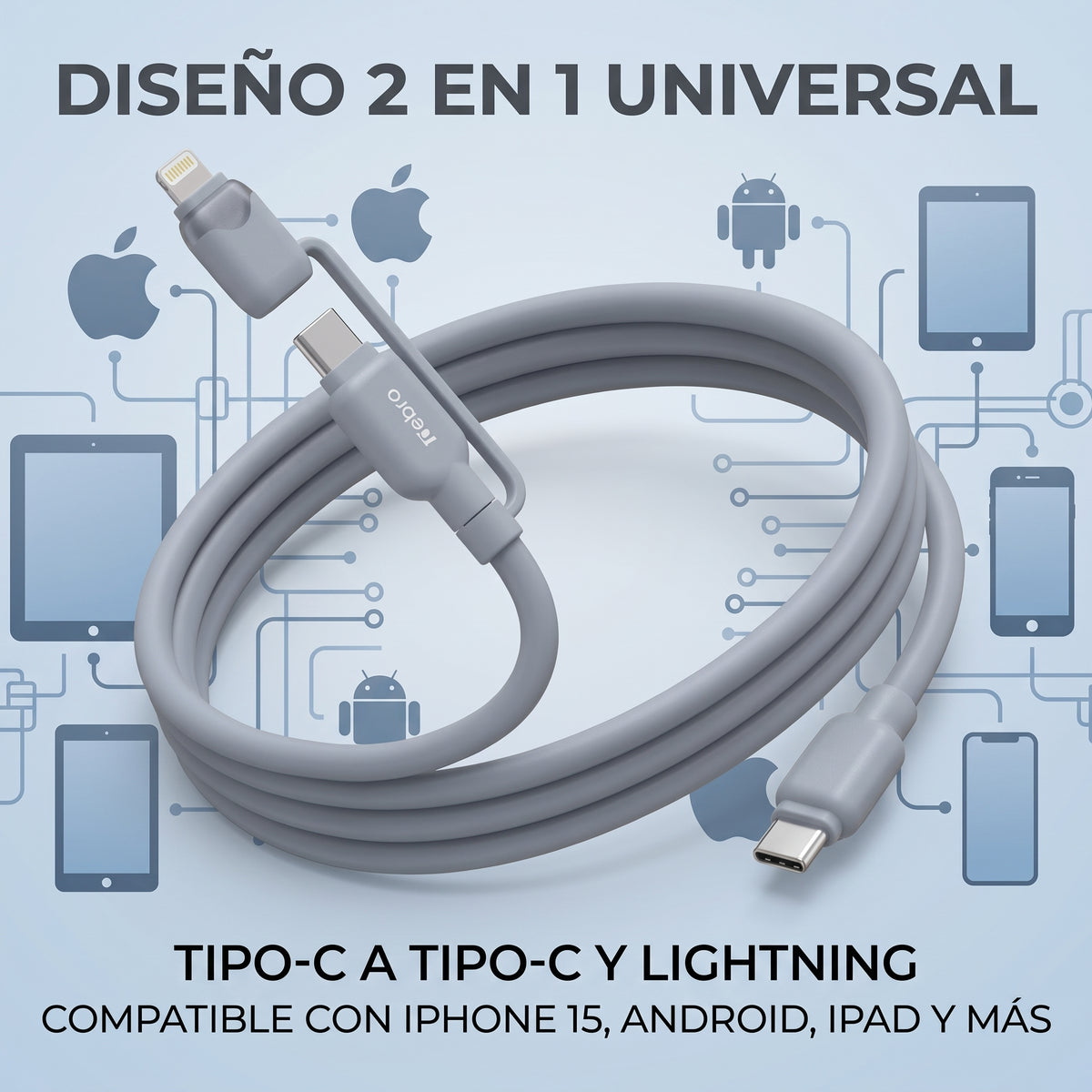 Cable 2 en 1 Tipo-C a Tipo-C y Lightning Nebro WD-319 Carga Universal