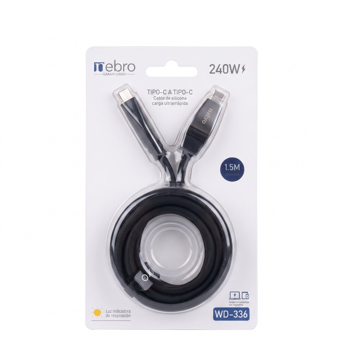 Cable USB C a USB C NEBRO WD-336 Carga Ultrarrápida 240W Silicona 1.5 Mts