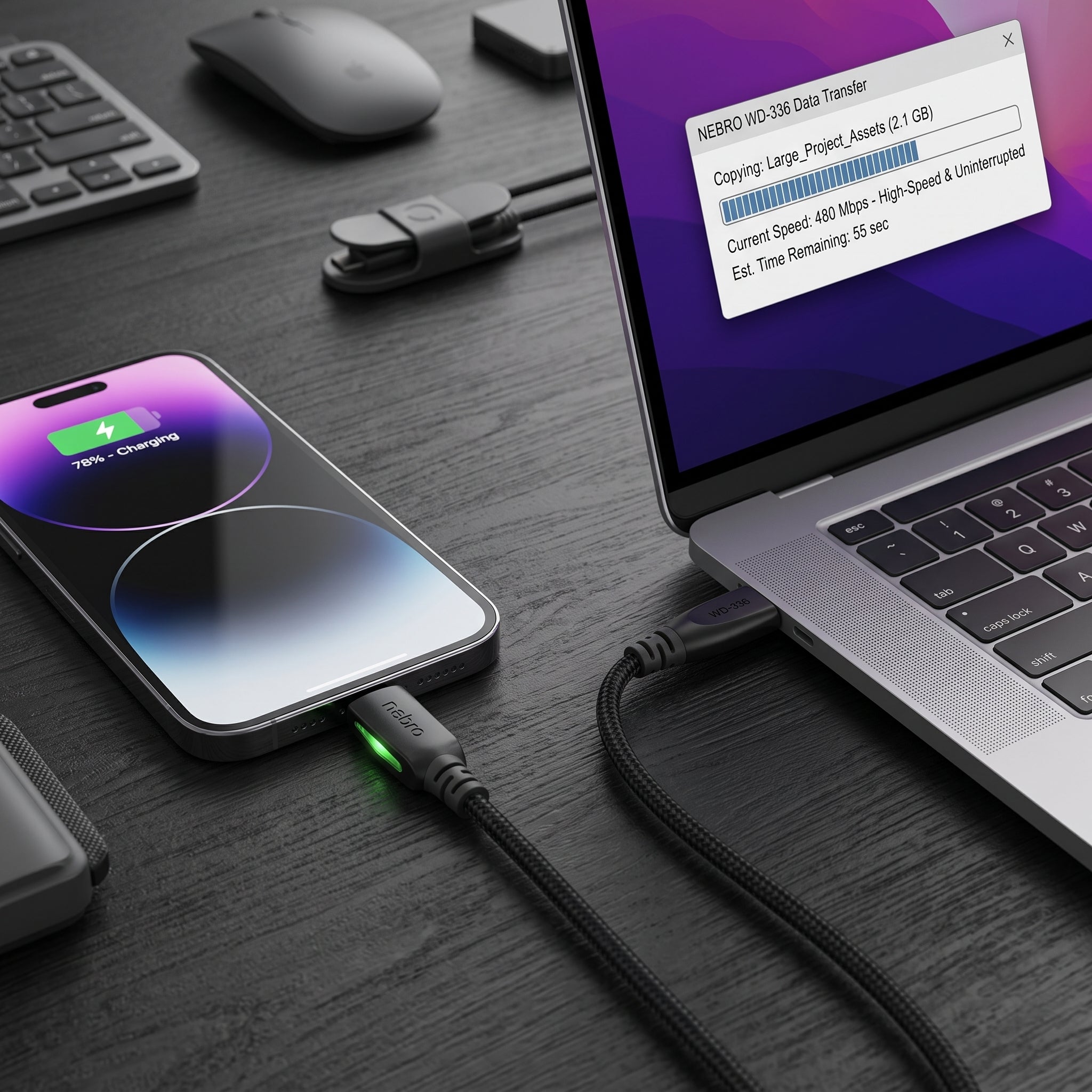 Cable USB C a USB C NEBRO WD-336 Carga Ultrarrápida 240W Silicona 1.5 Mts