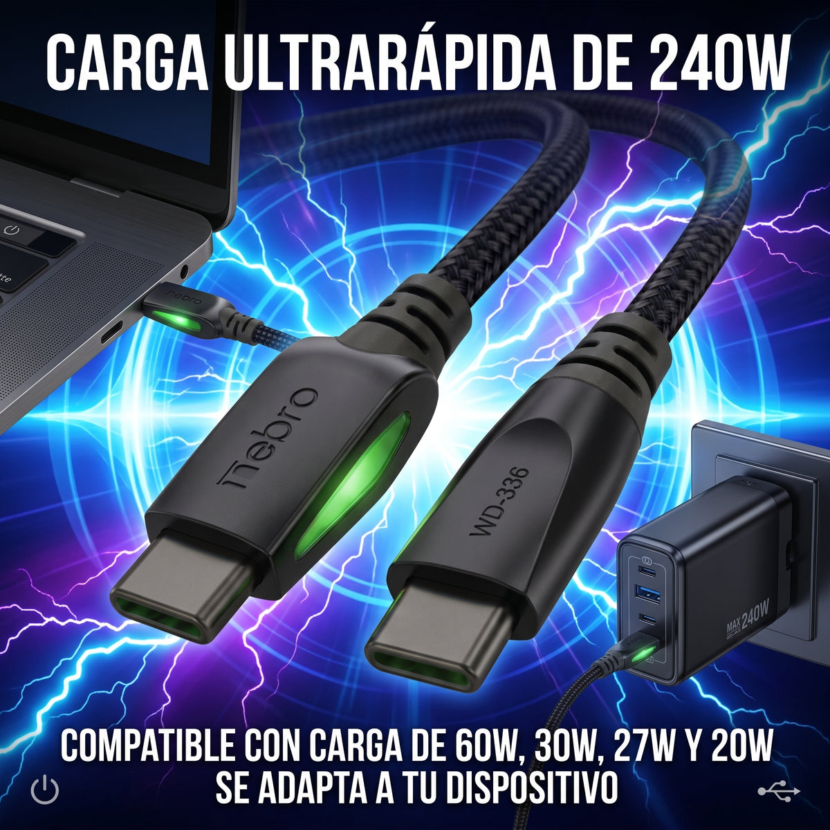 Cable USB C a USB C NEBRO WD-336 Carga Ultrarrápida 240W Silicona 1.5 Mts