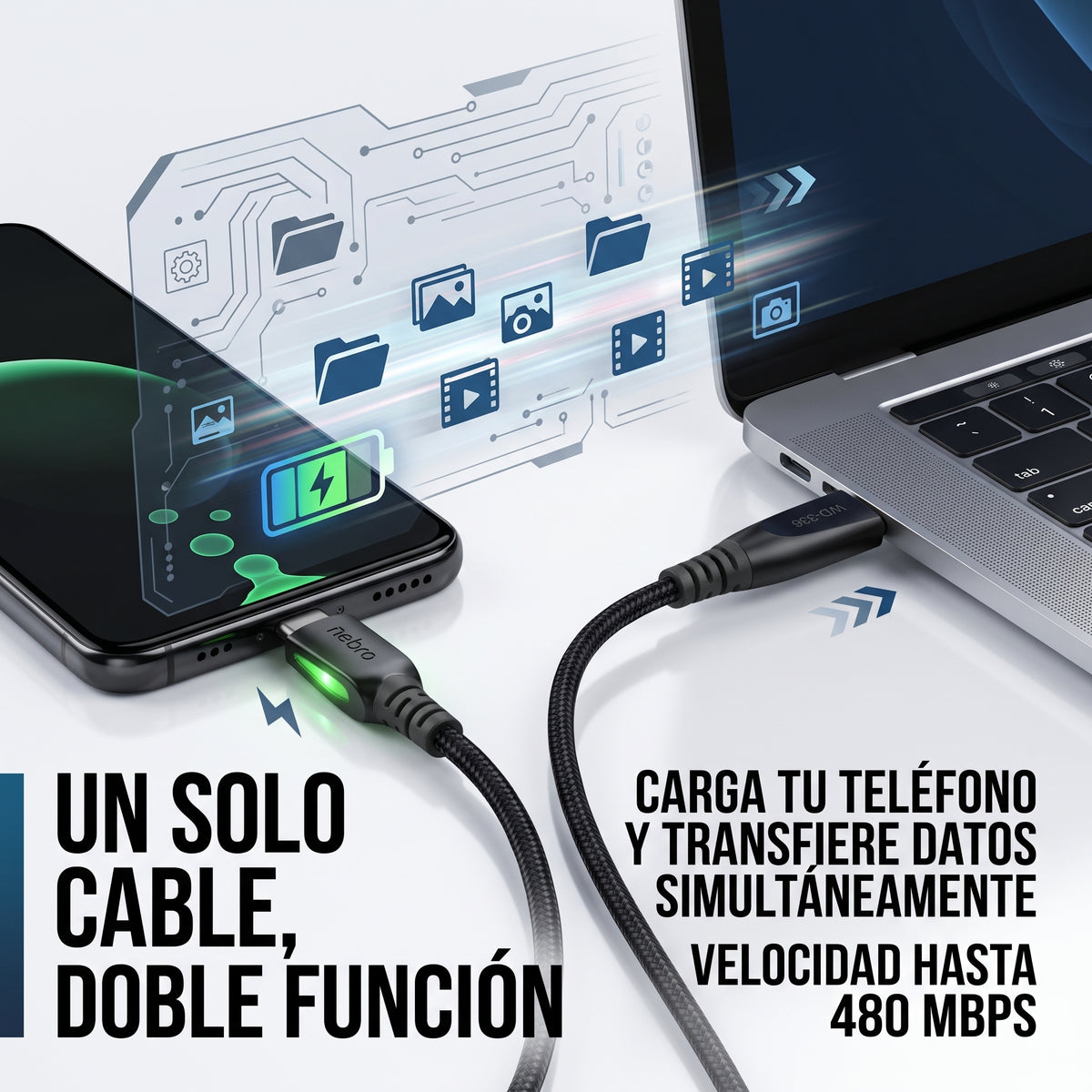 Cable USB C a USB C NEBRO WD-336 Carga Ultrarrápida 240W Silicona 1.5 Mts