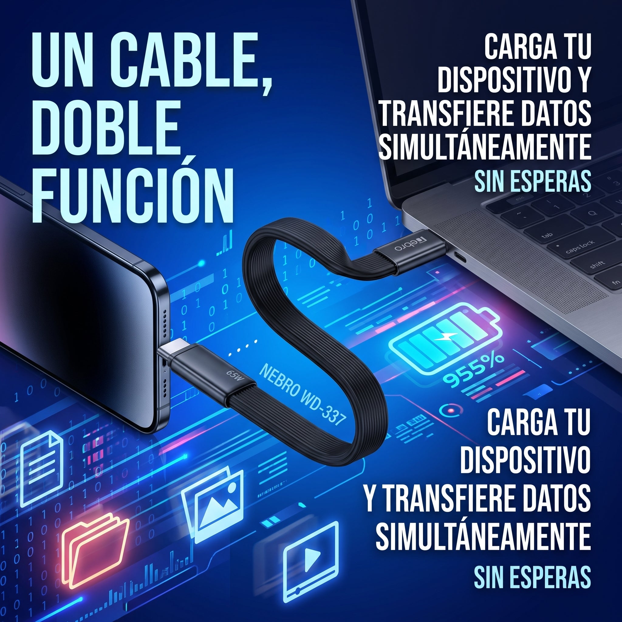 Cable USB C a USB C de Carga Rápida NEBRO WD-337 65W Silicona 1.2m