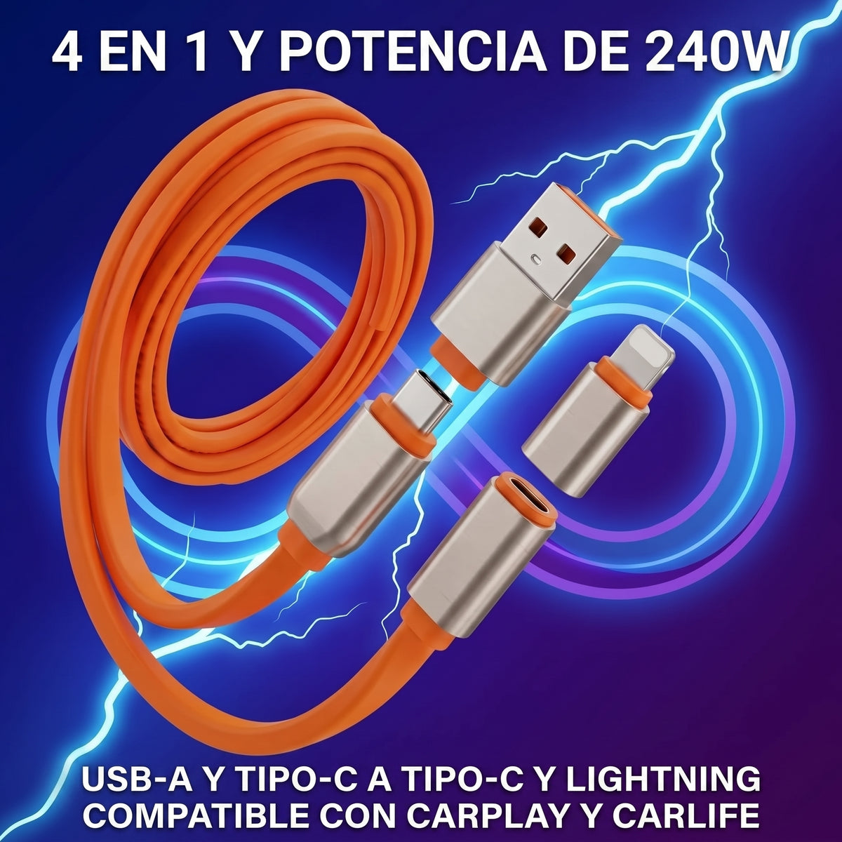 Cable 4 en 1 USB-A y Tipo-C a Tipo-C y Lightning Nebro WD-338 240W 1.2m